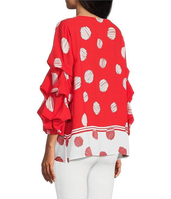 Slim Factor By Investments Kara Poppy Red Scribble Dots Boat Neck 3/4 Tiered Sleeve Top Product Image