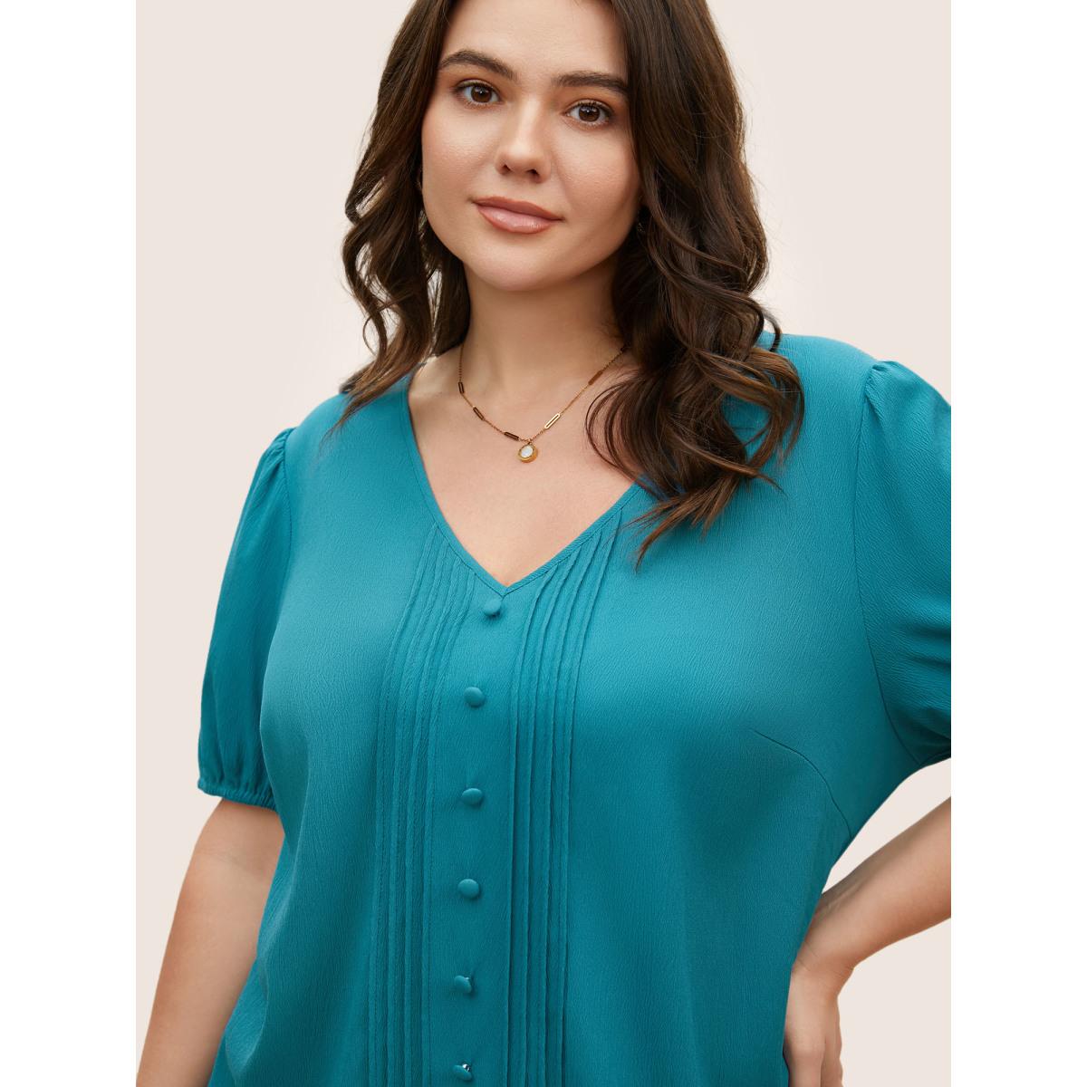 Plus Size Cerulean V Neck Button Detail Pleated Split Hem Blouse Women Casual Short sleeve V-neck Everyday Blouses BloomChic 30/6X Product Image