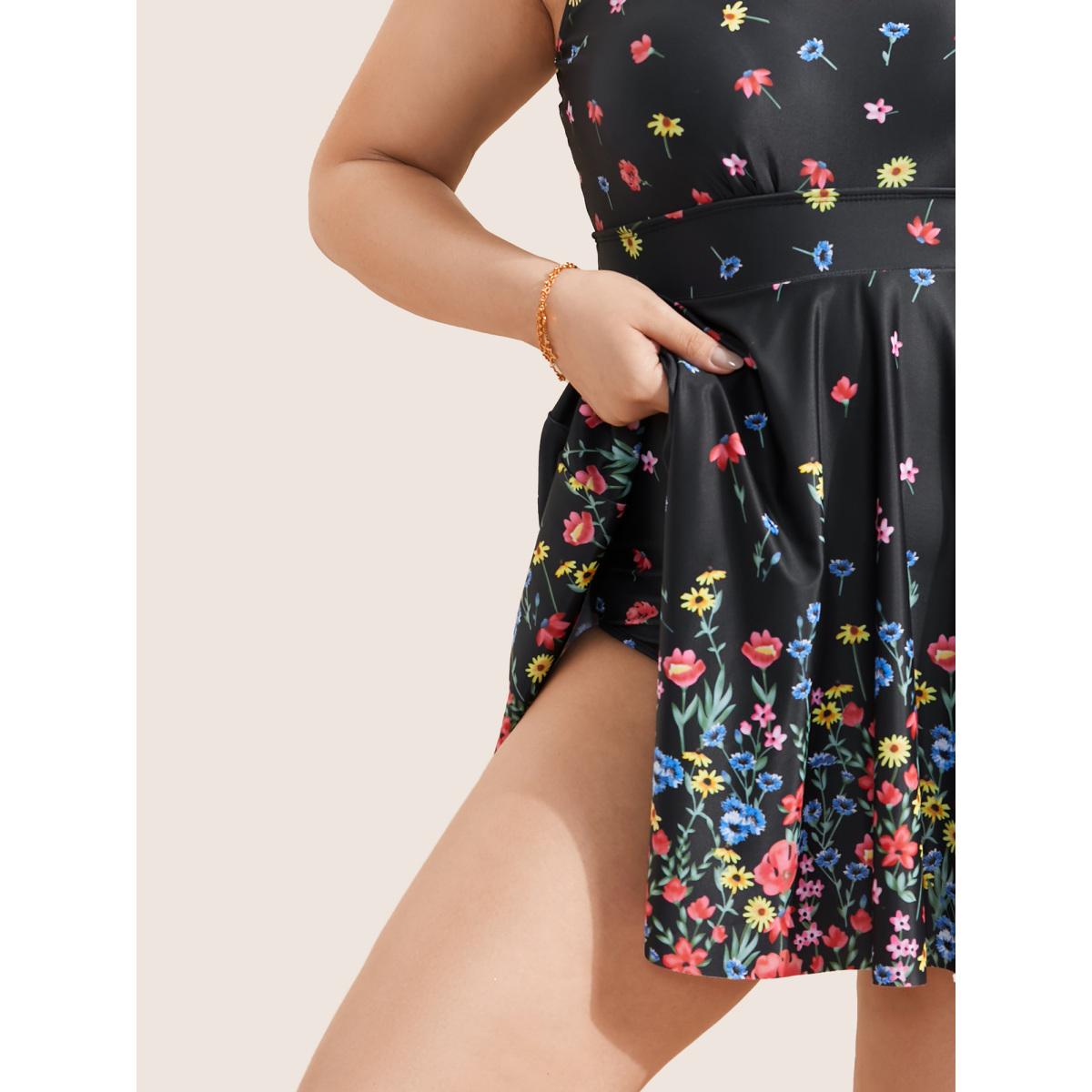 Plus Size Ditsy Floral Lined Spaghetti Strap Swim Dress Women's Swimwear Black Beach Bodycon U-neck High stretch Curve Swim Dresses BloomChic 18-20/2X Product Image