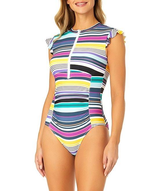 Anne Cole Barcode Multi Color Stripe Flutter Sleeve High Neck One Piece Swimsuit Product Image