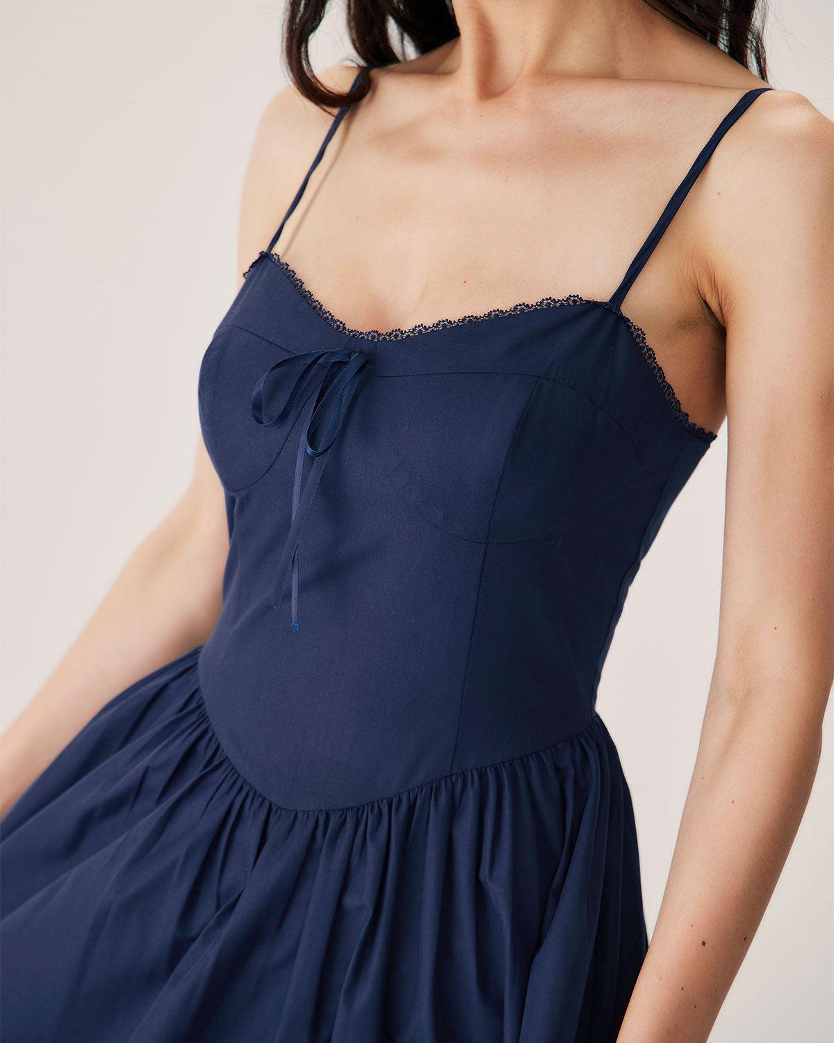 Navy Shirred Slip Midi Dress Product Image