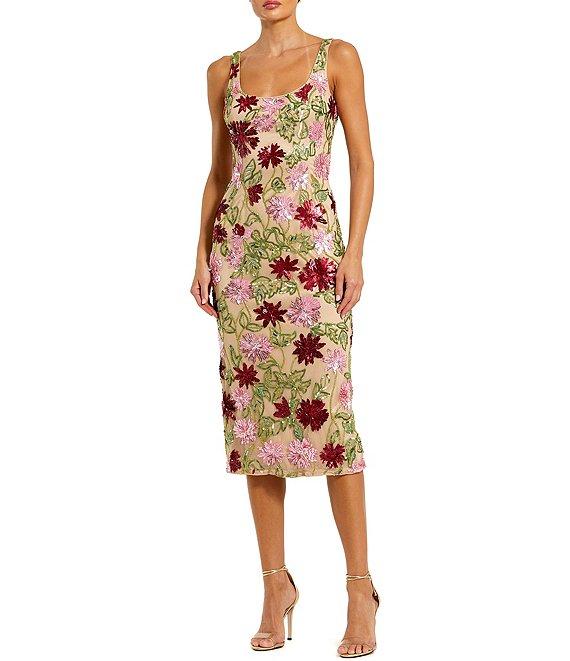 Mac Duggal Scoop Neck Floral Beaded Mesh Sheath Midi Dress Product Image