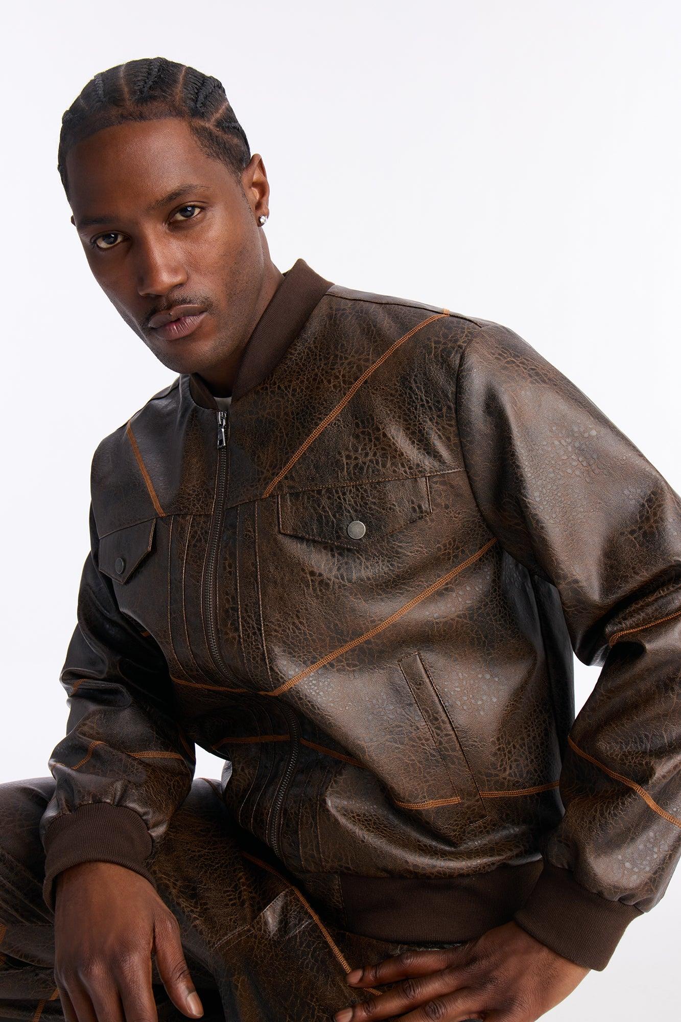 Vintage Chainstitch Faux Leather Bomber Jacket - Brown Male Product Image