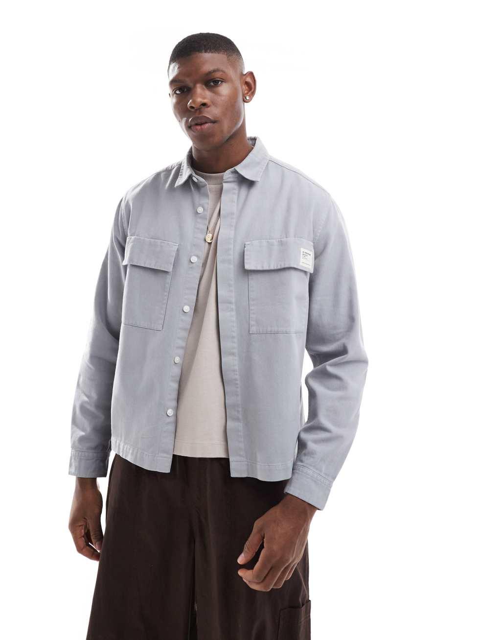 ASOS DESIGN boxy overshirt with badge detail in gray Product Image