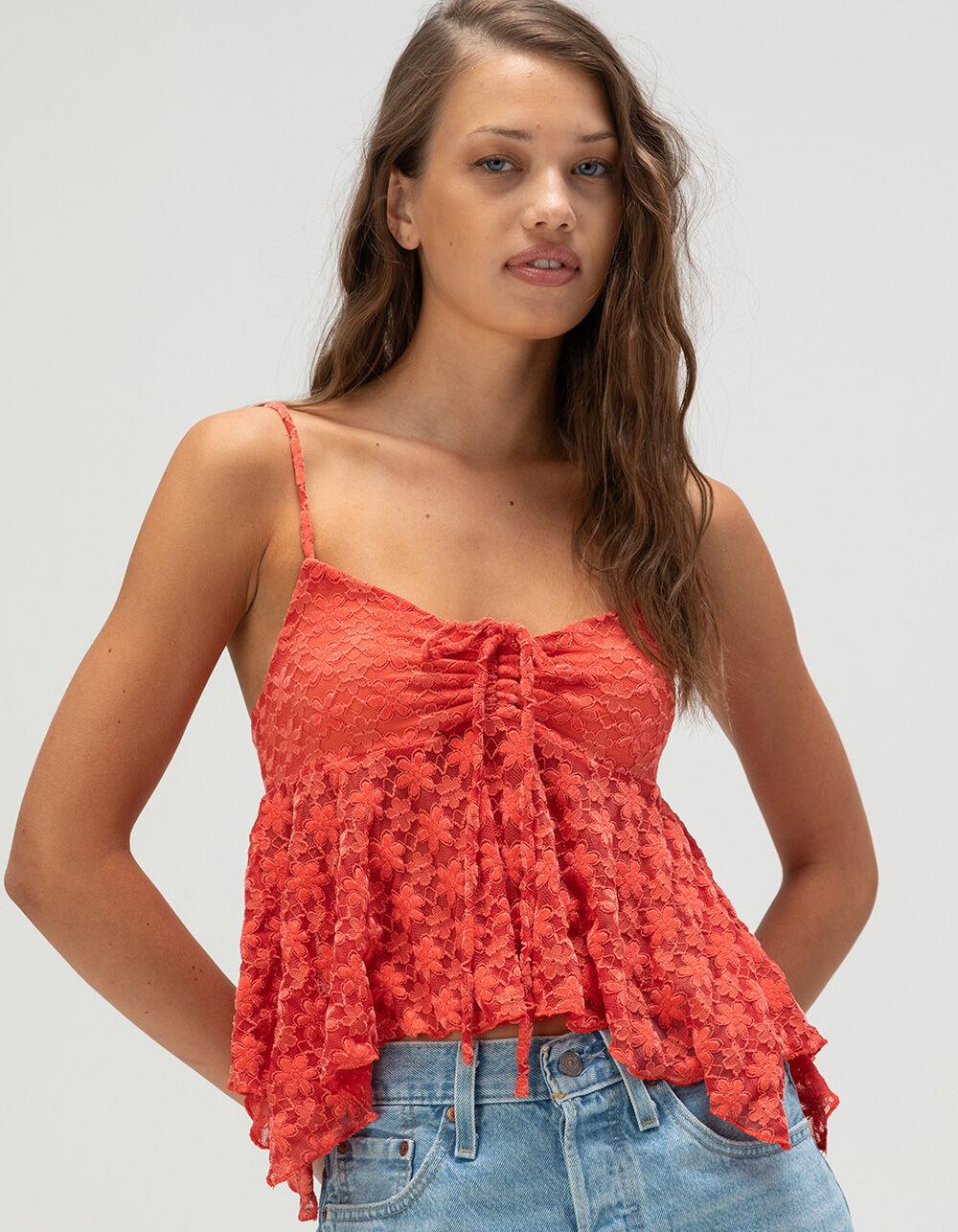 FULL TILT Lace Hanky Hem Womens Top - CORAL Product Image