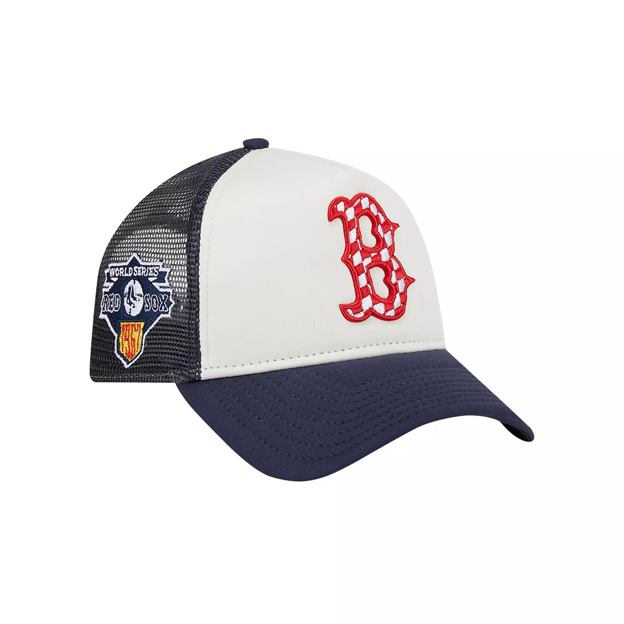 Men's New Era White/Navy Boston Red Sox Checkered Flag A-Frame Trucker 9FORTY Adjustable Hat Product Image