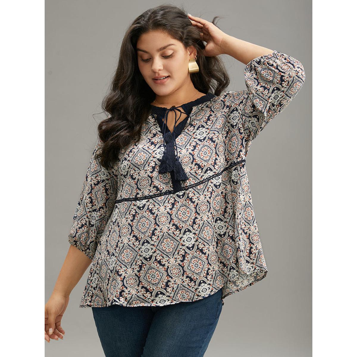 Plus Size Indigo Moroccan Print Tassels Ties Elastic Cuffs Blouse Women Resort Elbow-length sleeve Tie Neck Vacation Blouses BloomChic 14-16/1X Product Image