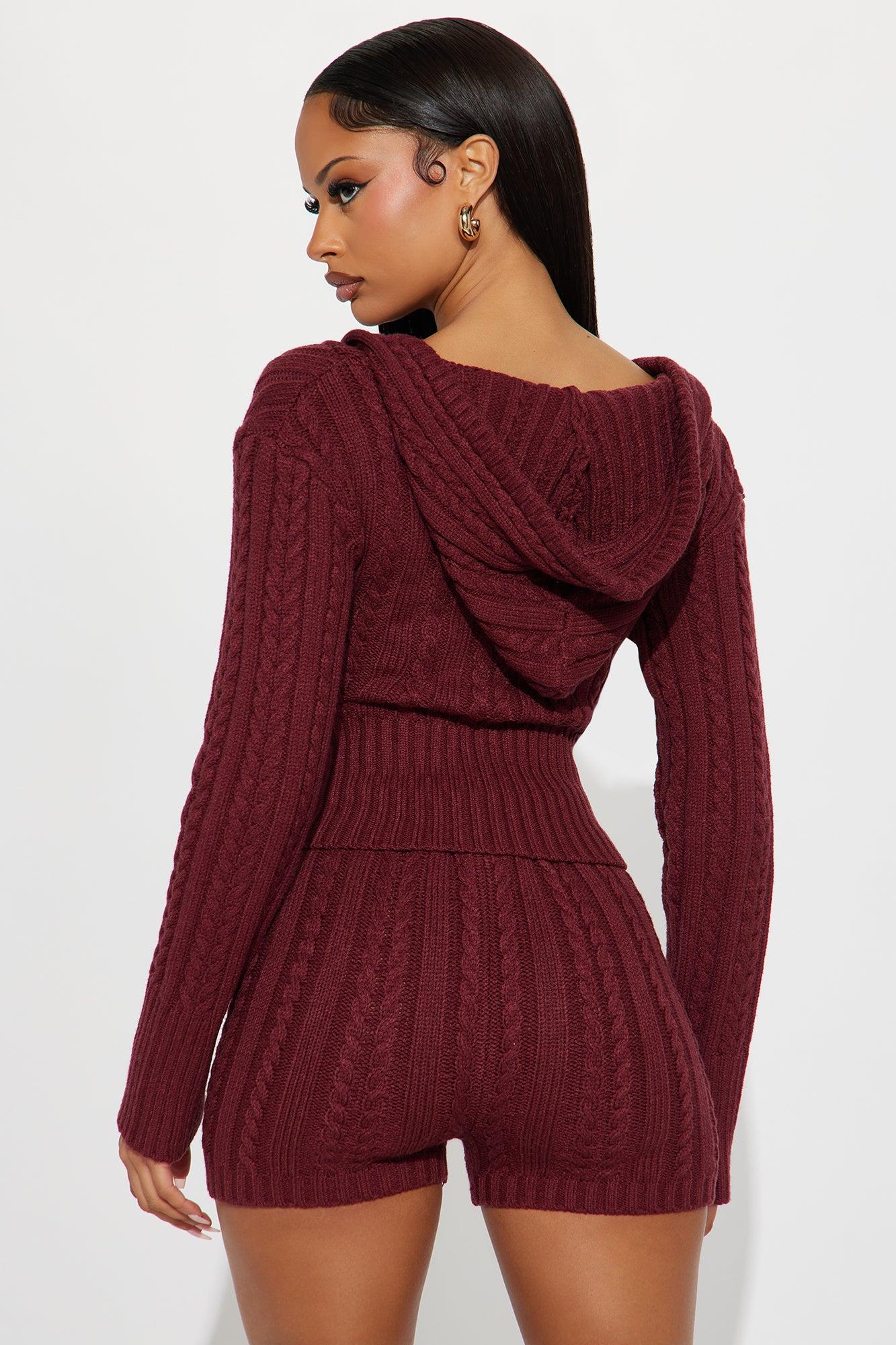 Feeling Some Way Sweater Short Set - Burgundy Female Product Image