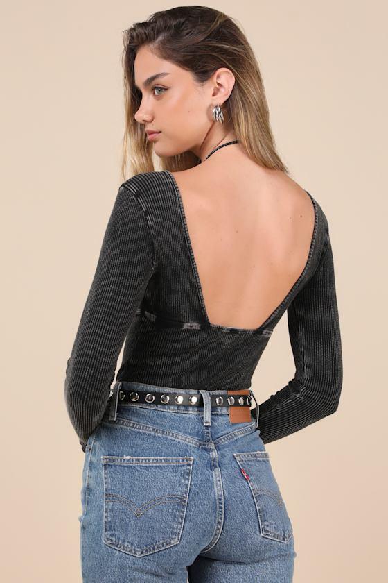 Trendsetting Confidence Washed Black Ribbed Long Sleeve Bodysuit Product Image