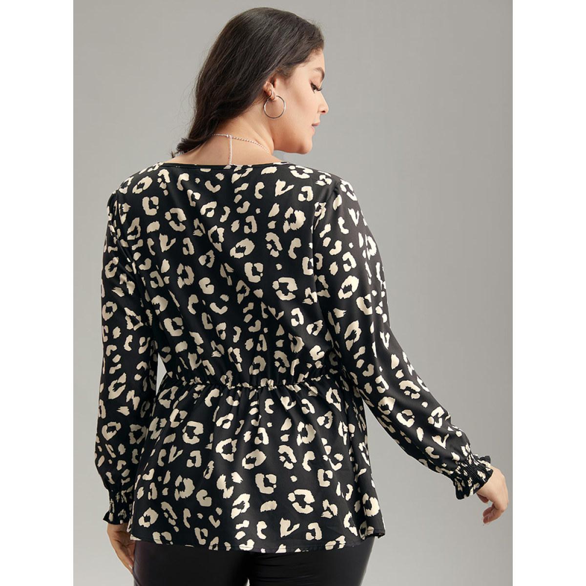 Plus Size Black Leopard Print Crossover Ruched Shirred Blouse Women Elegant Long Sleeve V-neck Dailywear Blouses BloomChic 10/M Product Image