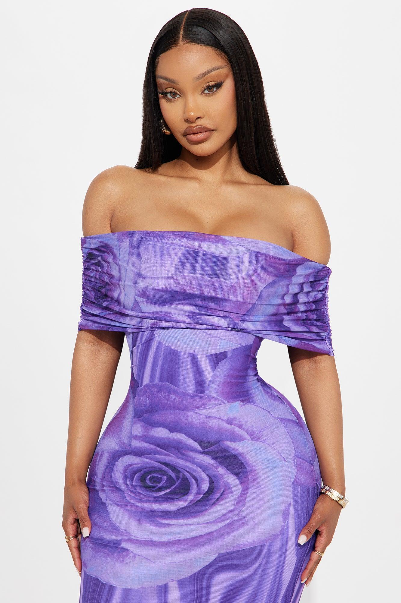 Rosey Mesh Floral Midi Dress - Purple Female Product Image