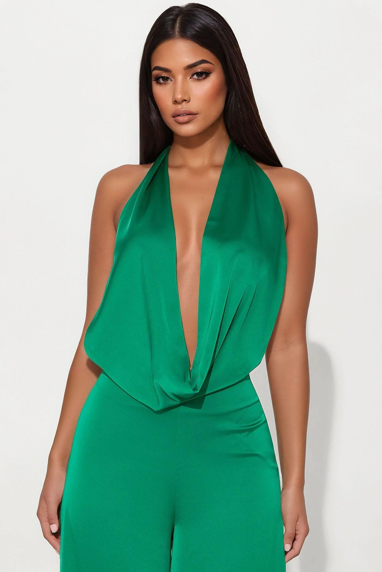 Sun and Sips Solid Satin Jumpsuit - Green Female Product Image
