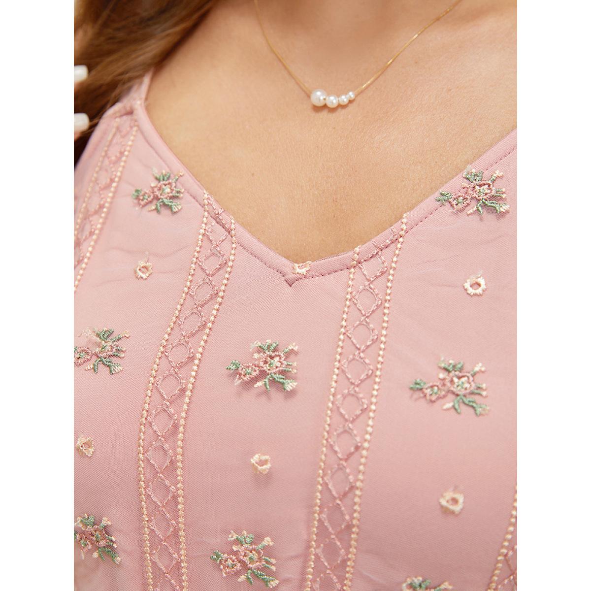 Plus Size Floral Embroidered Mesh Pocket Cami Dress MistyRose Women Glamour Lined Spaghetti Strap Sleeveless Curvy Knee Dress BloomChic 26/4X Product Image