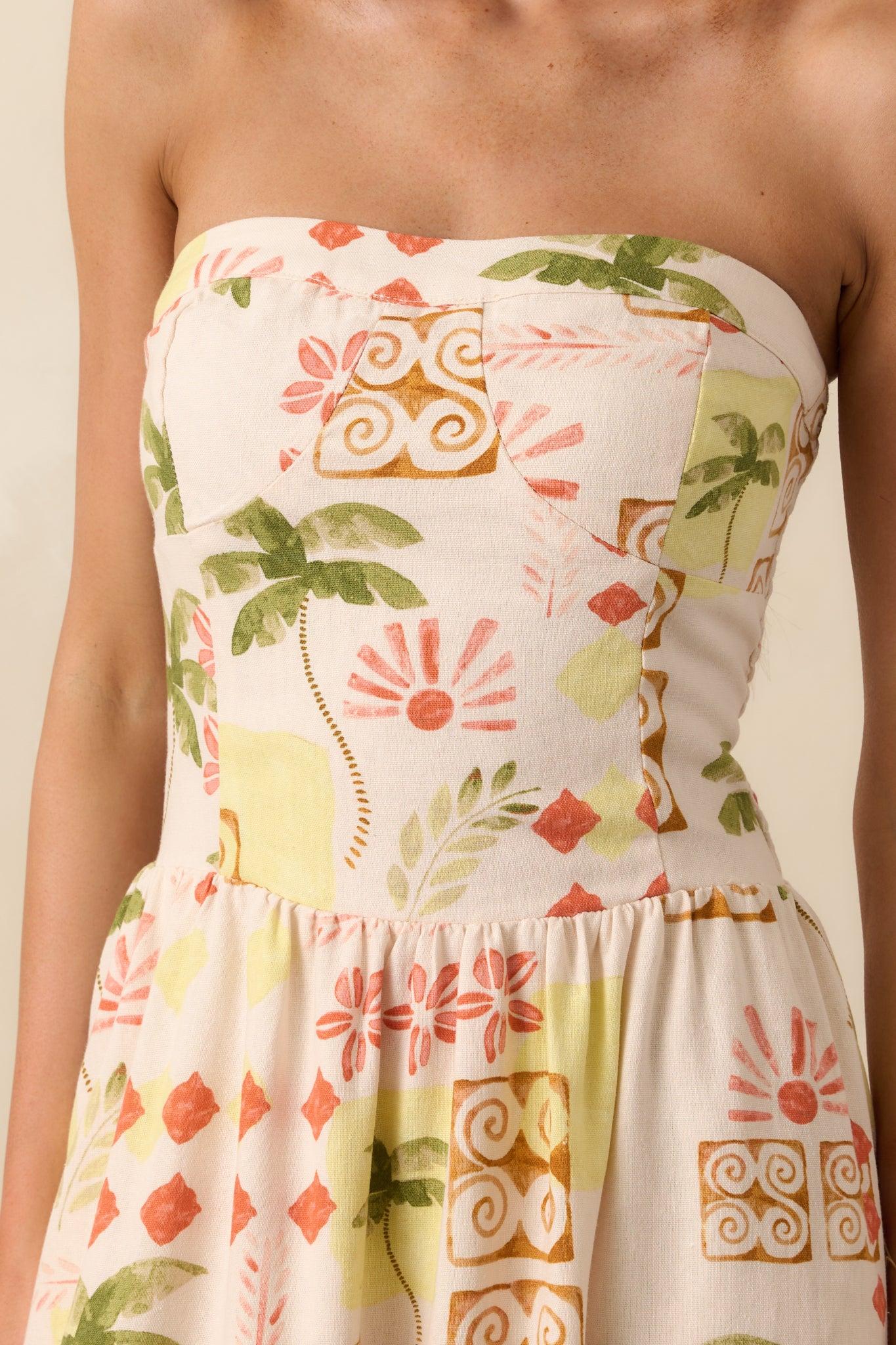Live For The Moment Beige Tropical Print Linen Strapless Midi Dress Product Image