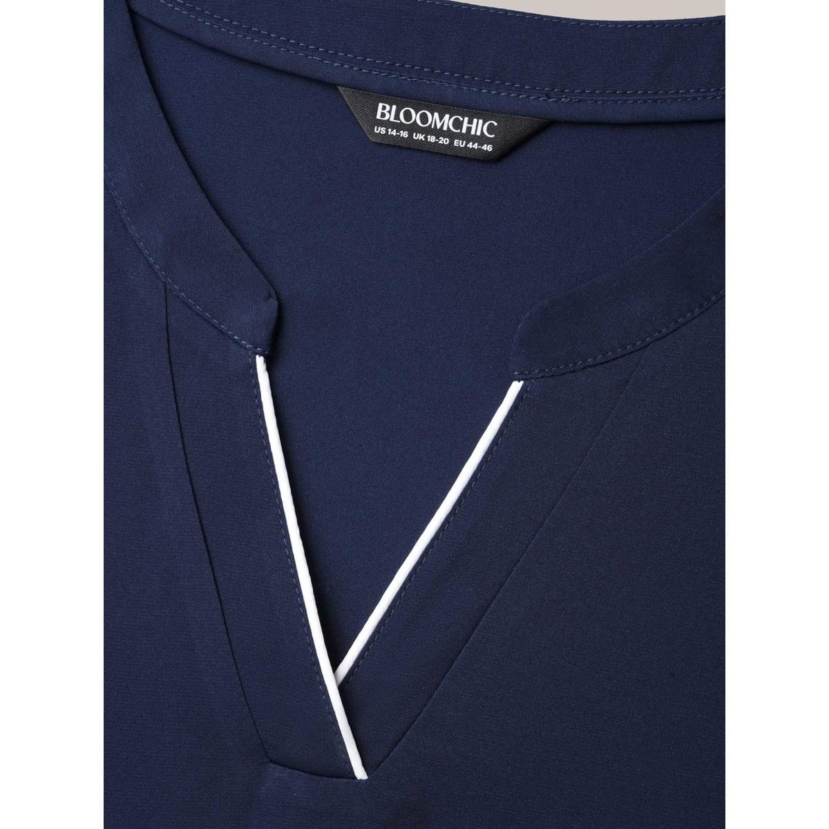 Plus Size Indigo Mixed Fabric Sheer Puff Sleeve Shirt Women At the Office Extra Long Sleeve V-neck Work Blouses BloomChic 28/5X Product Image