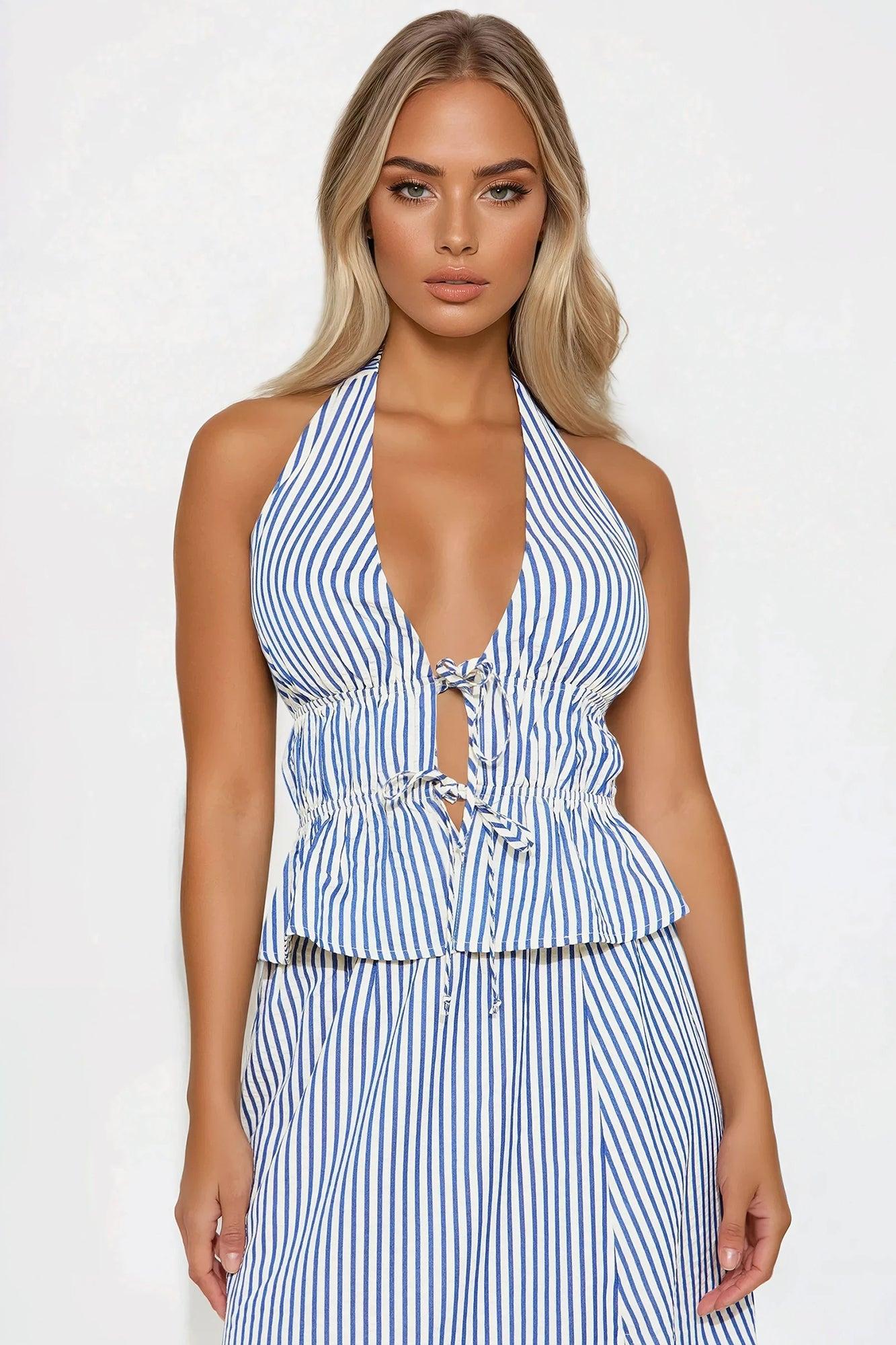 Polly Pinstripe Maxi Skirt Set - Blue/combo Product Image