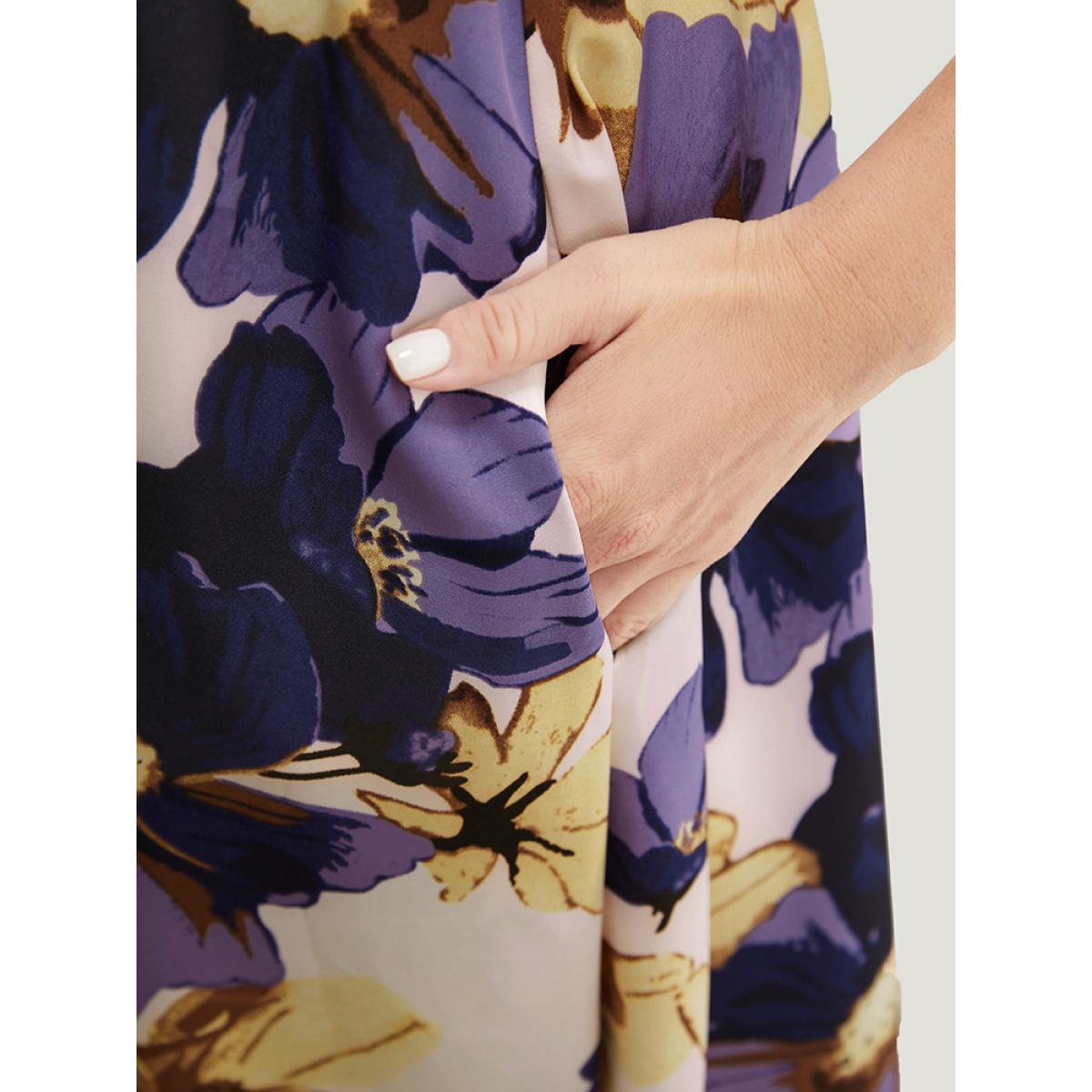 Plus Size Floral Ruffle Hem Pocket Shirred Cami Dress Mauve Women Elegant Adjustable Straps Spaghetti Strap Sleeveless Curvy Midi Dress BloomChic 14-16/1X Product Image