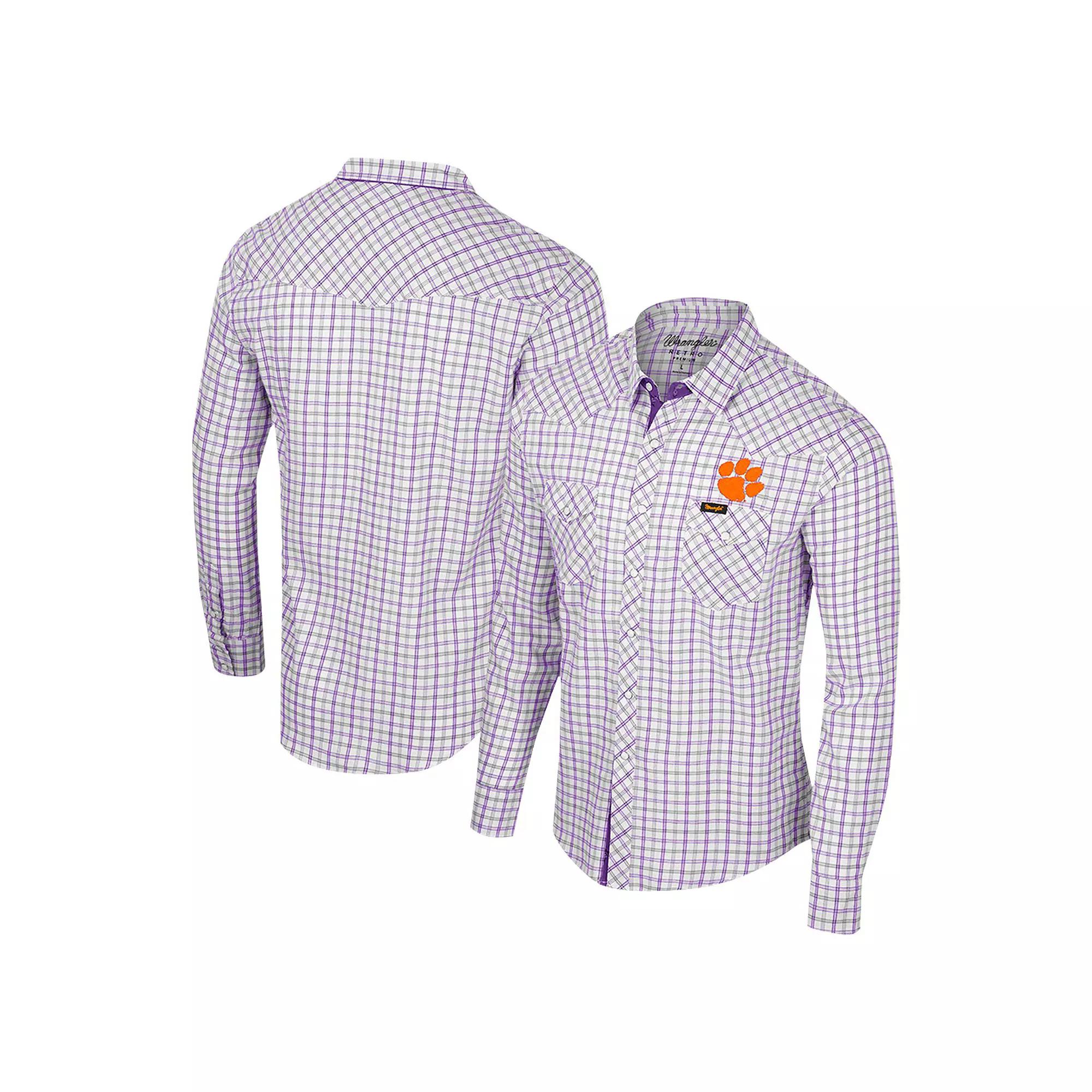Men's Colosseum x Wrangler White Clemson Tigers Plaid Window Pane Long Sleeve Full-Snap Shirt, Size: XXL Product Image