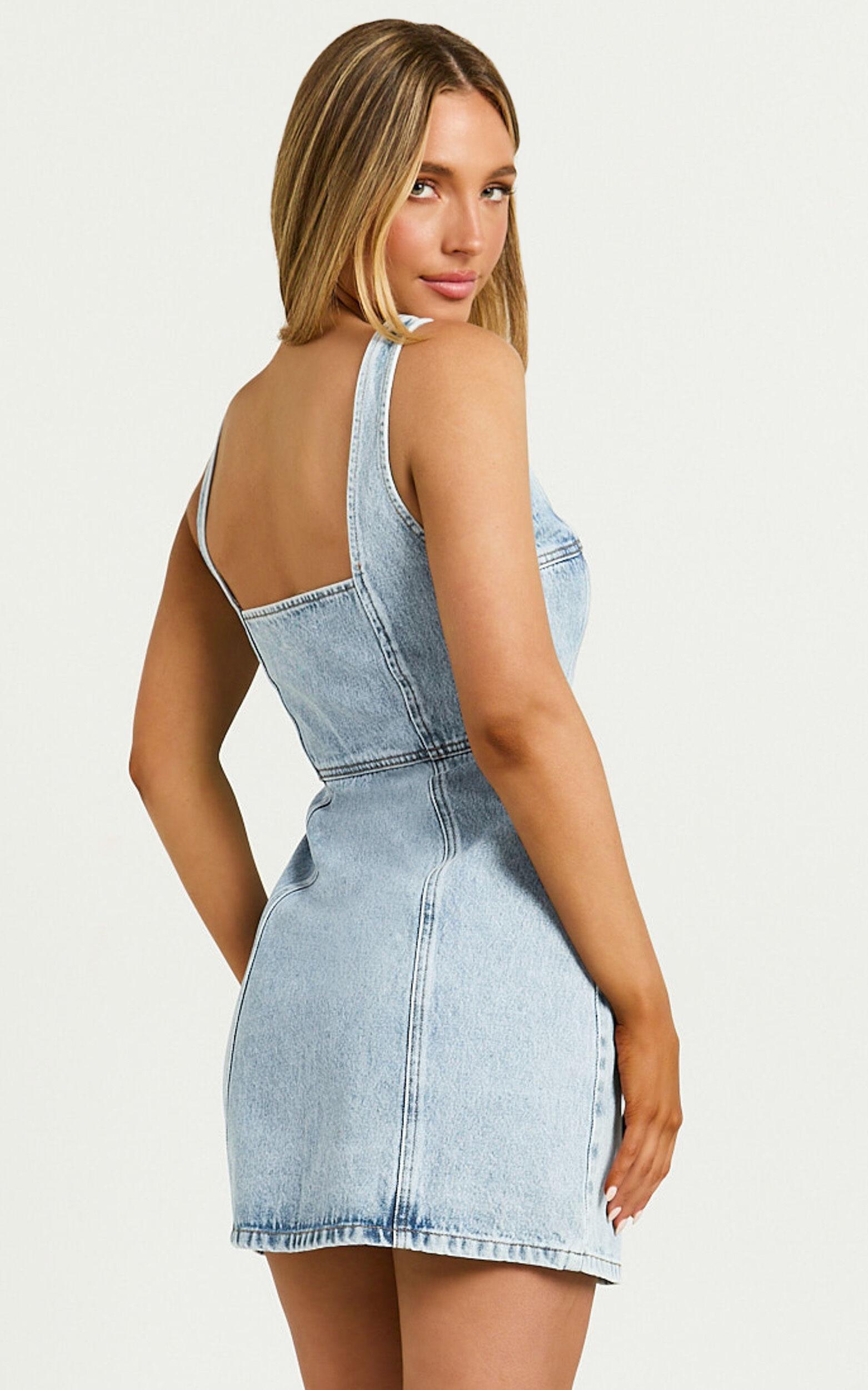 Chrysoula Mini Dress - Square Neck Zip Front Sleeveless Bodycon Denim in Light Blue Wash Product Image