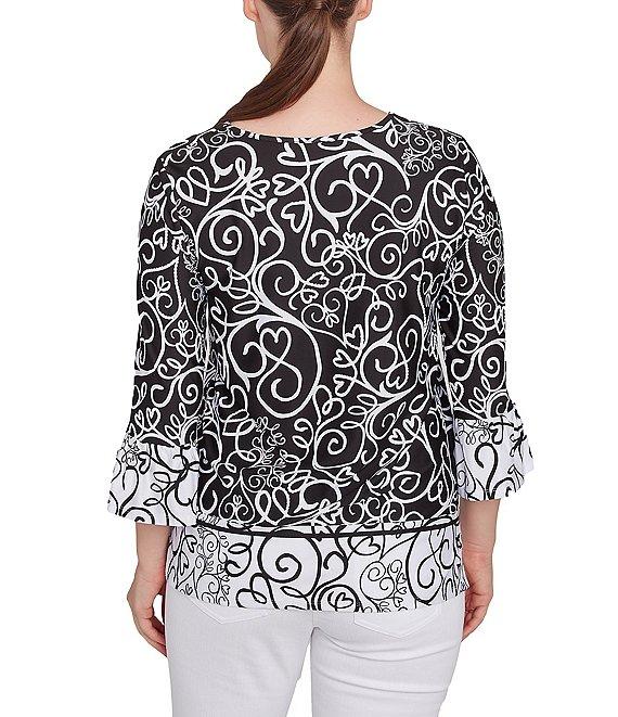 Ruby Rd. Whirlwind Heart Border Print Knit Sweetheart Neck 3/4 Sleeve Top Product Image