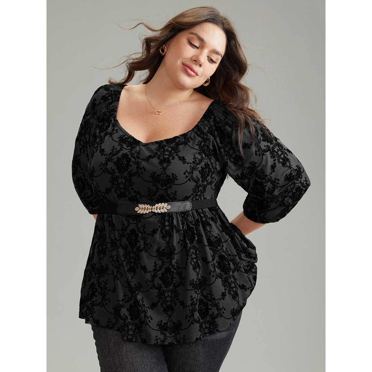 Plus Size Black Silhouette Floral Print Contrast Flocking Square Neck Blouse Women Elegant Elbow-length sleeve Square Neck Everyday Blouses BloomChic 10/M Product Image