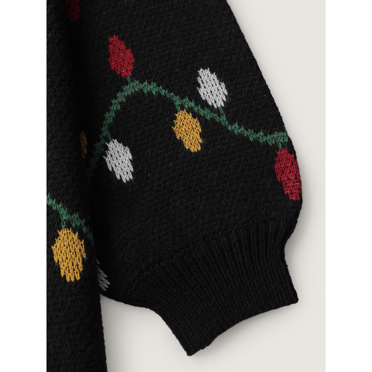 Plus Size Holiday Lights Micro Lantern Sleeve Pullover Black Women Playful Loose Long Sleeve Round Neck Casual Pullovers BloomChic 28/5X Product Image
