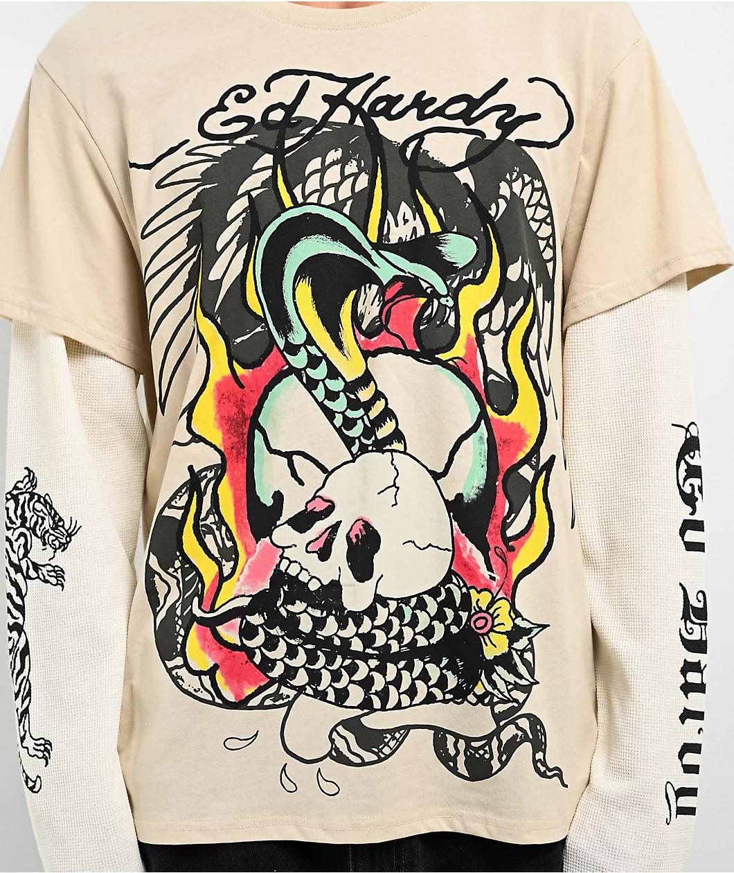 Ed Hardy Cobra Skull Beige & Cream 2fer Long Sleeve T-Shirt Product Image