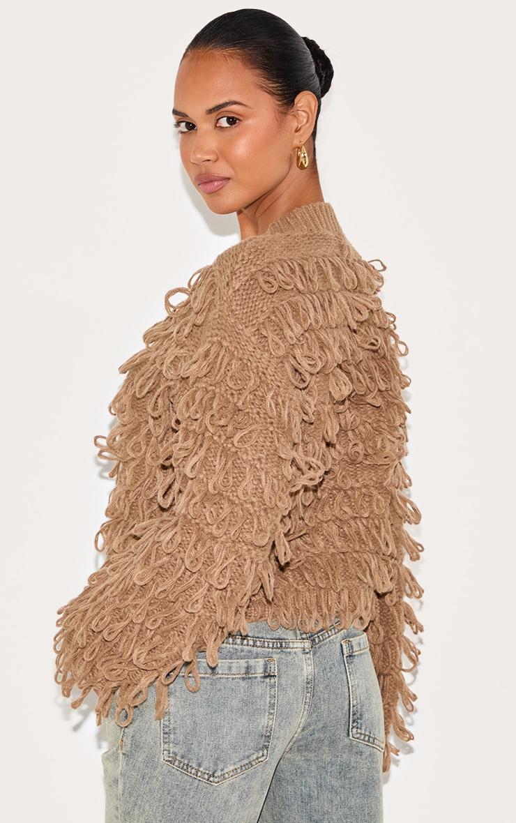 Taupe Loop Knit Crew Neck Button Up Cardigan Product Image