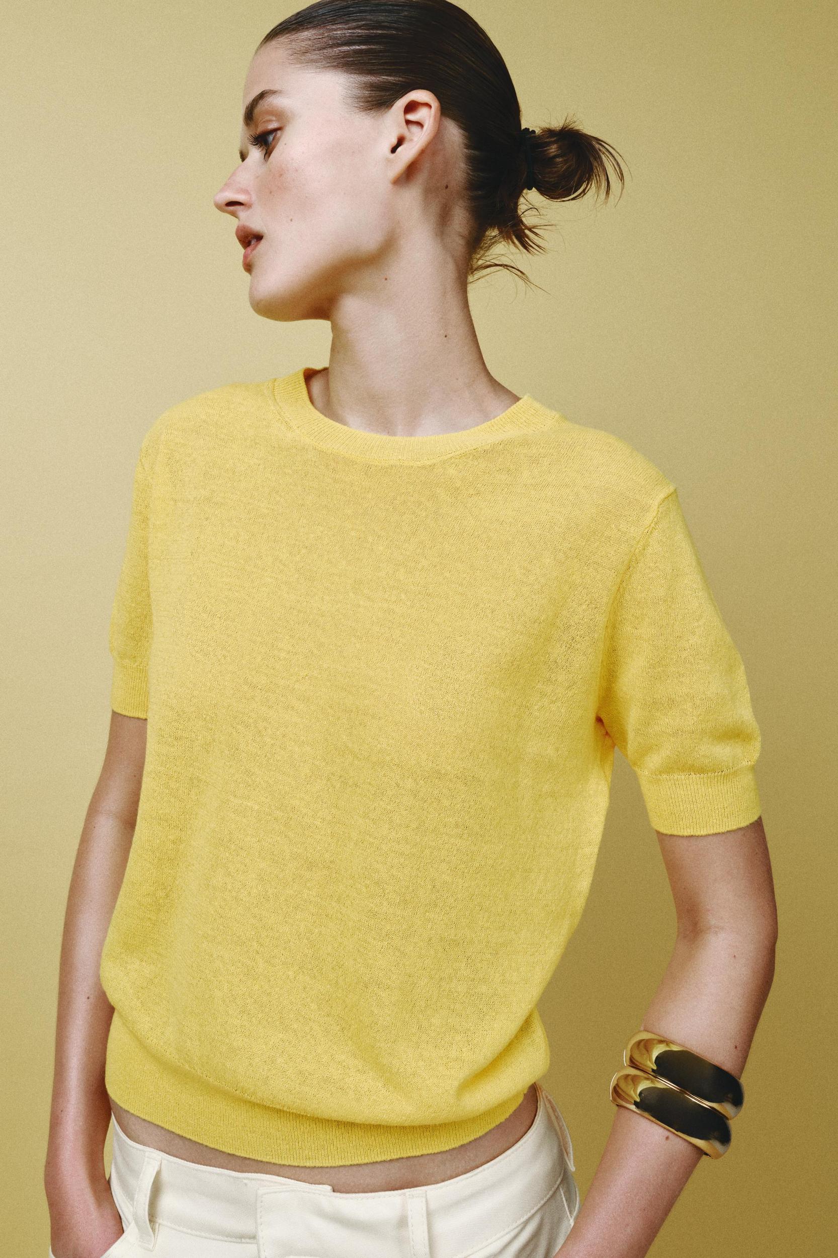 SHORT SLEEVE KNIT TOP WITH LINEN Product Image