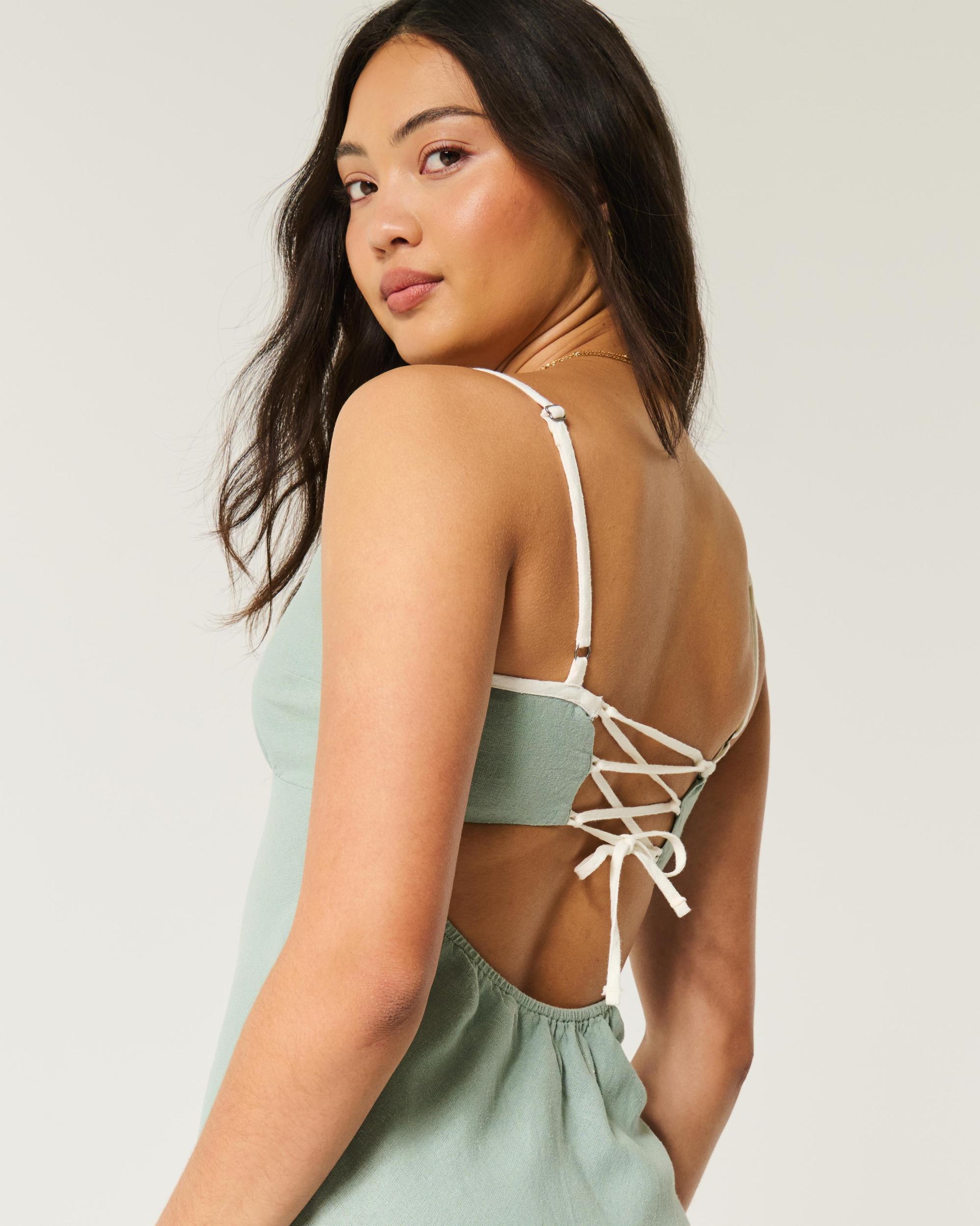 Linen-Blend Open Back Slip Midi Dress Product Image