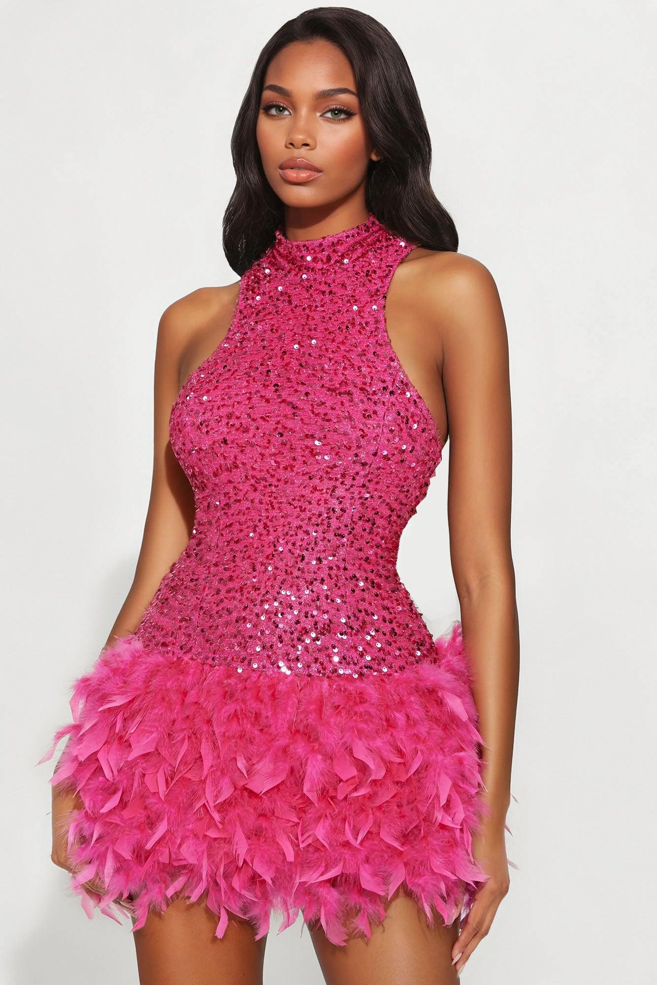 Zoey Feathered Sequin High Neck Mini Dress - Hot Pink Female Product Image
