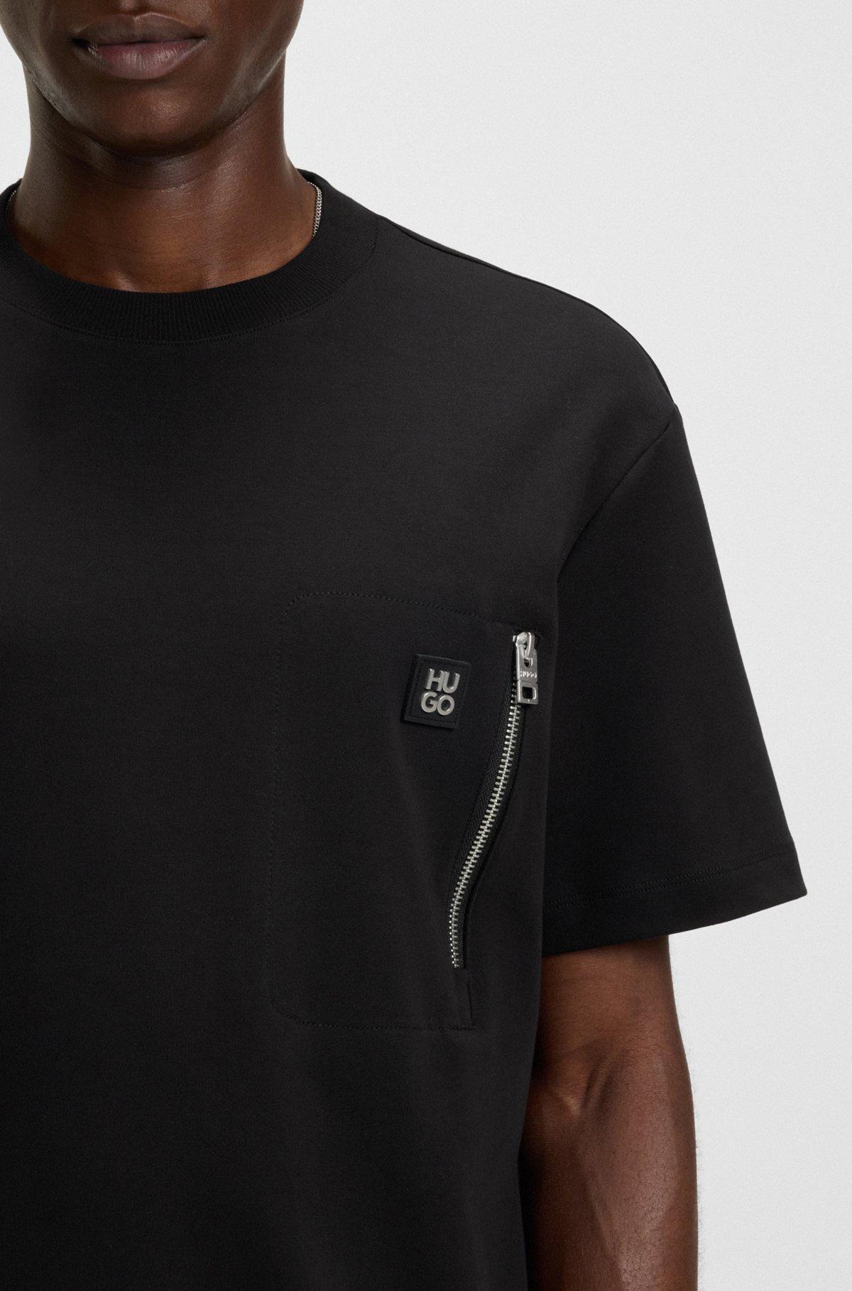 HUGO - Interlock-cotton T-shirt with zip pocket - Black Product Image