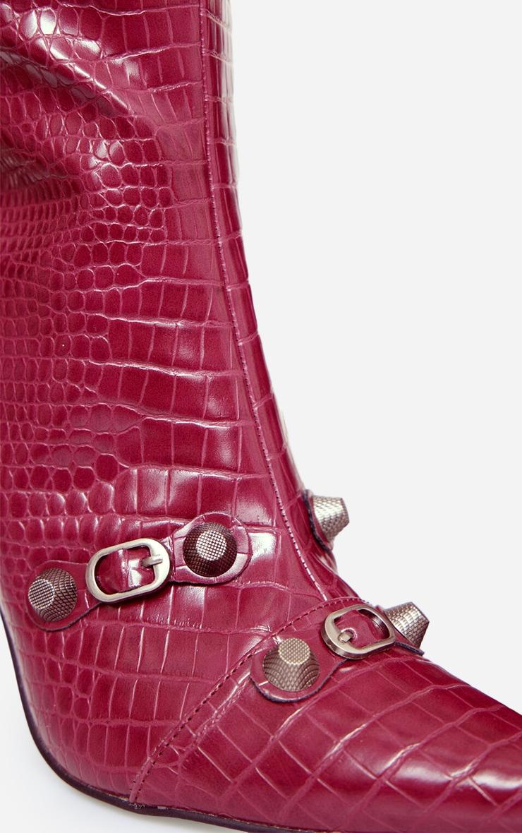 Burgundy Croc Pu Zip Detail Point Toe High Heeled Knee Boots Product Image