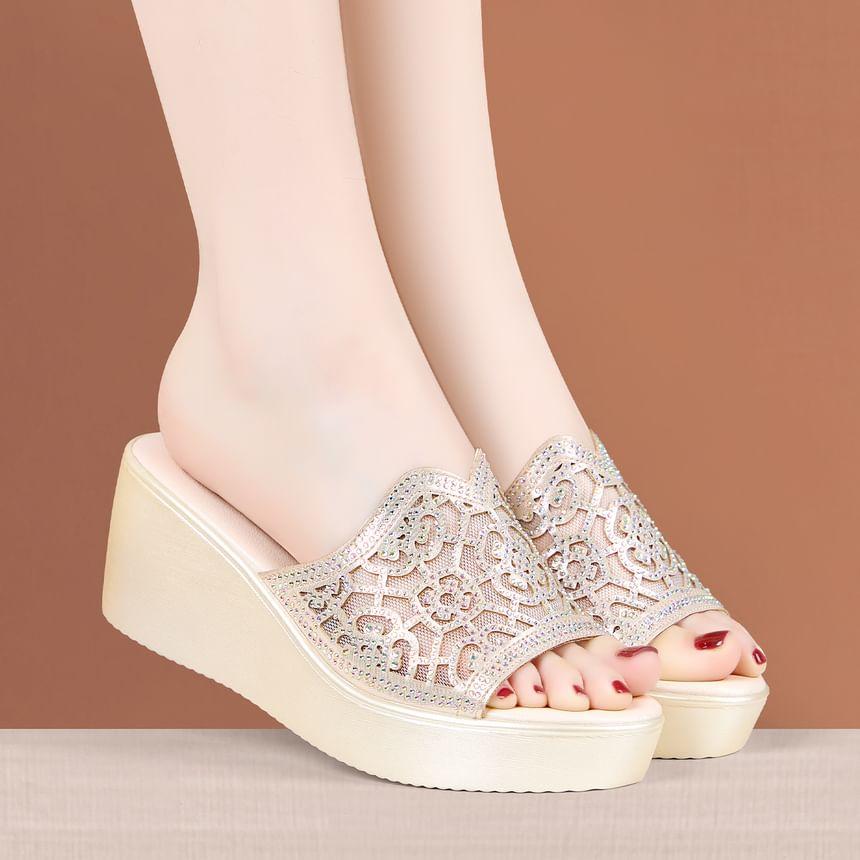 Platform Rhinestone Cutout Slide Sandals Product Image
