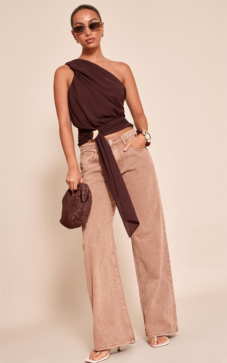 Chocolate Plum Chiffon One Shoulder Ruched Trim Drape Top Product Image