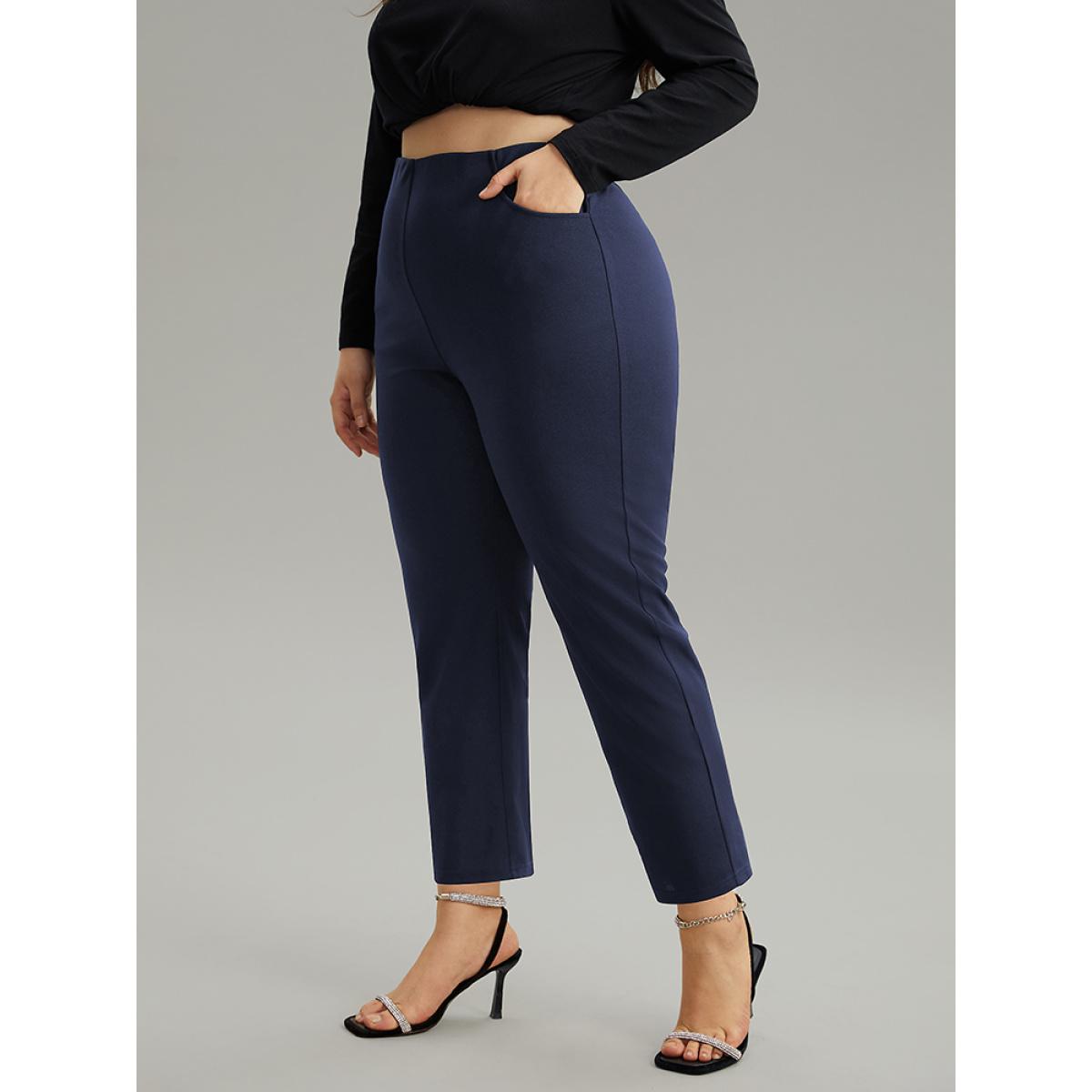 Plus Size Plain Pocket Bodycon Ankle Pants Women Indigo Work From Home Bodycon High Rise Office Pants BloomChic 26/4X Product Image