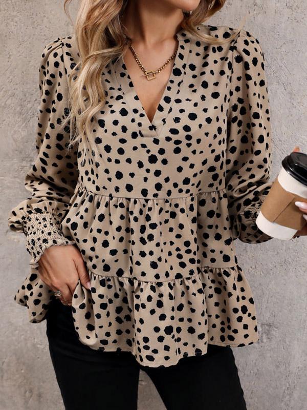 Long Sleeves Loose Elasticity Polka-Dot Split-Joint V-Neck Blouses&Shirts Tops Product Image