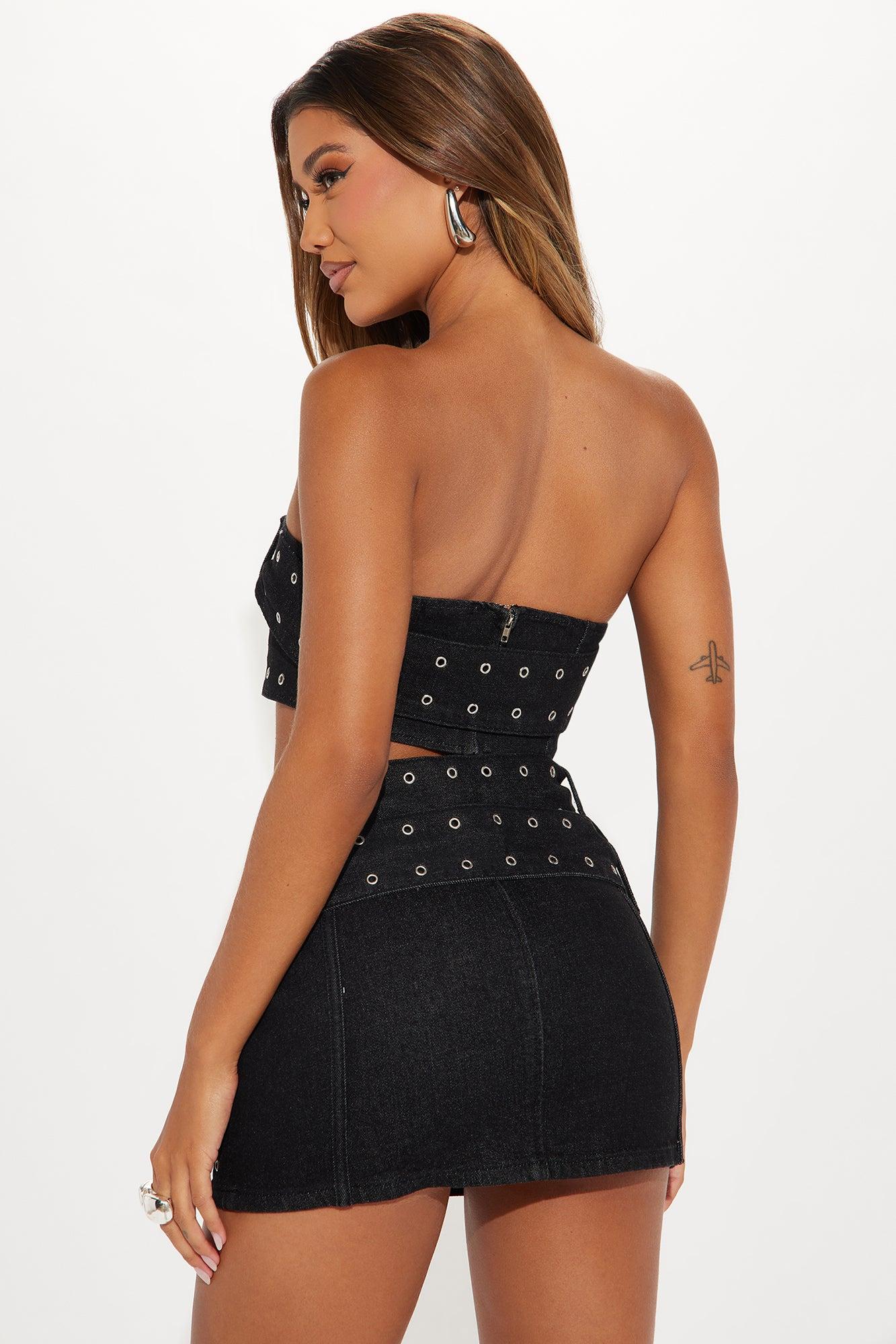 Buckle Up Denim Skirt Set - Black Product Image