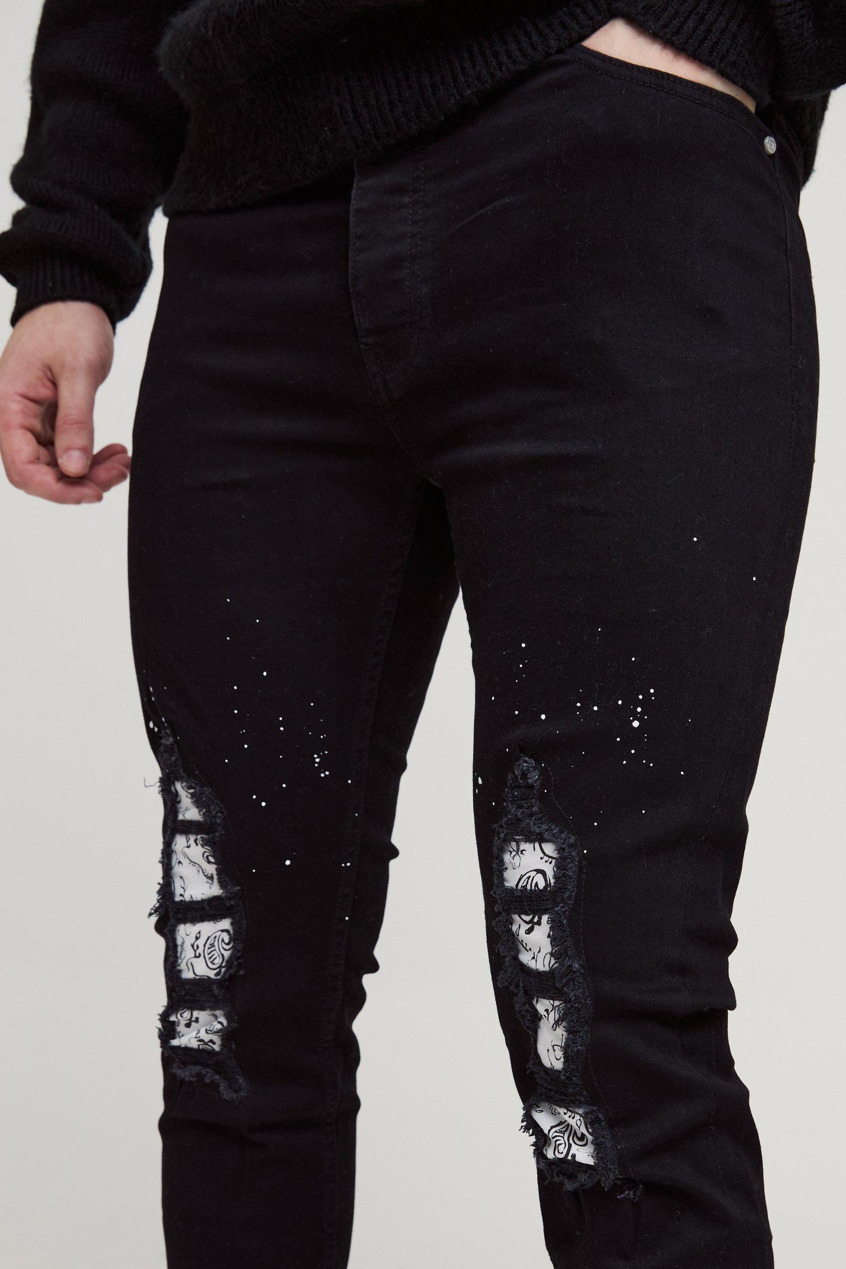 Tall Paint Splatter Bandanna Rip & Repair Skinny Jeans | boohooMAN USA Product Image