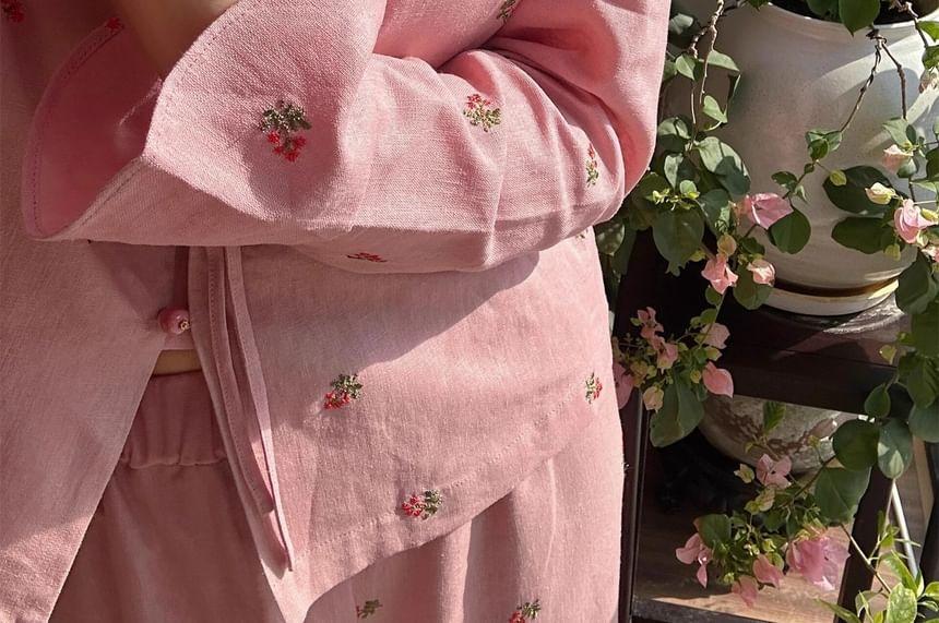 Pajama Set: Long-Sleeve Floral Embroidery Top + Pants Product Image