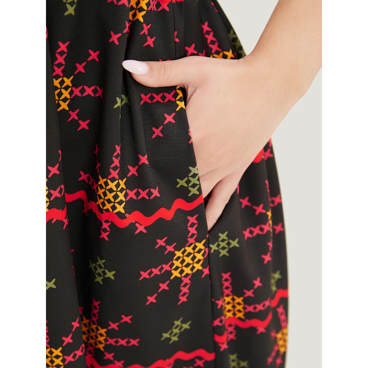 Plus Size Geometric Print Ruffle Trim Pocket Ruched Detail Cami Dress Raspberry Women Vacation Ruched V-neck Sleeveless Curvy Midi Dress BloomChic 22-24/3X Product Image