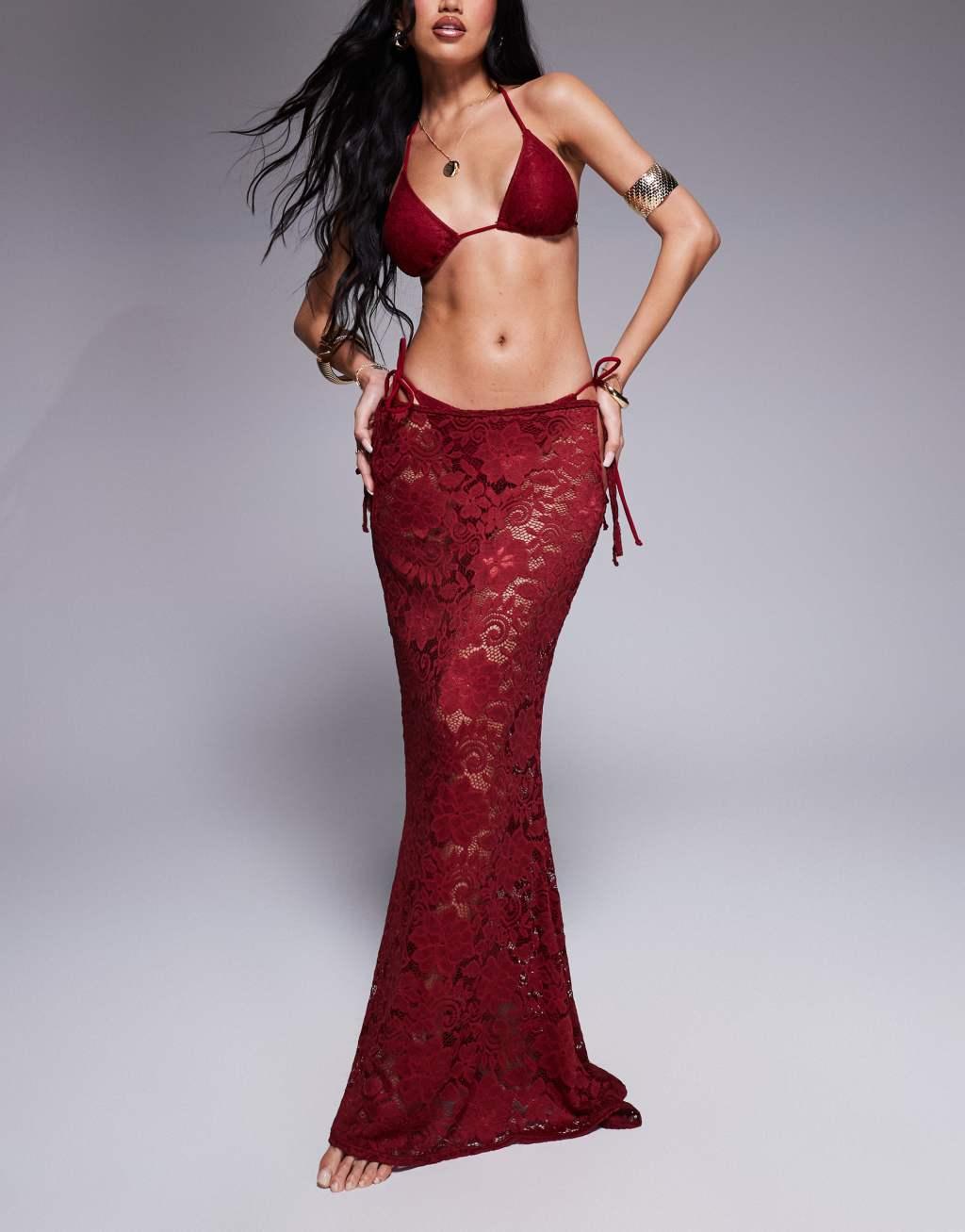 Candypants lace maxi beach skirt in cherry red Product Image