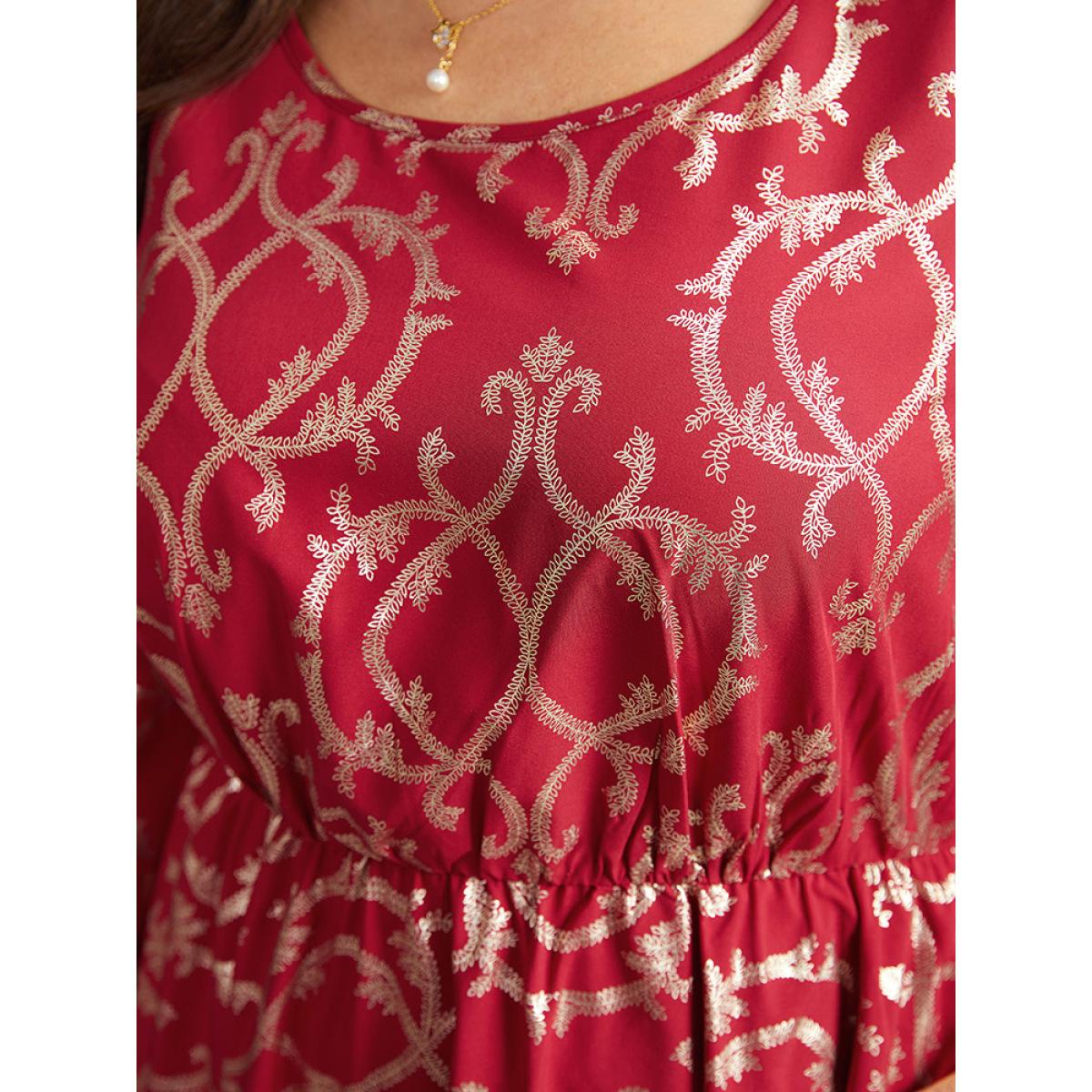 Plus Size Geometric Glitter Shirred Hanky Hem Dress Raspberry Women Party Printed Round Neck Long Sleeve Curvy Midi Dress BloomChic 10/M Product Image