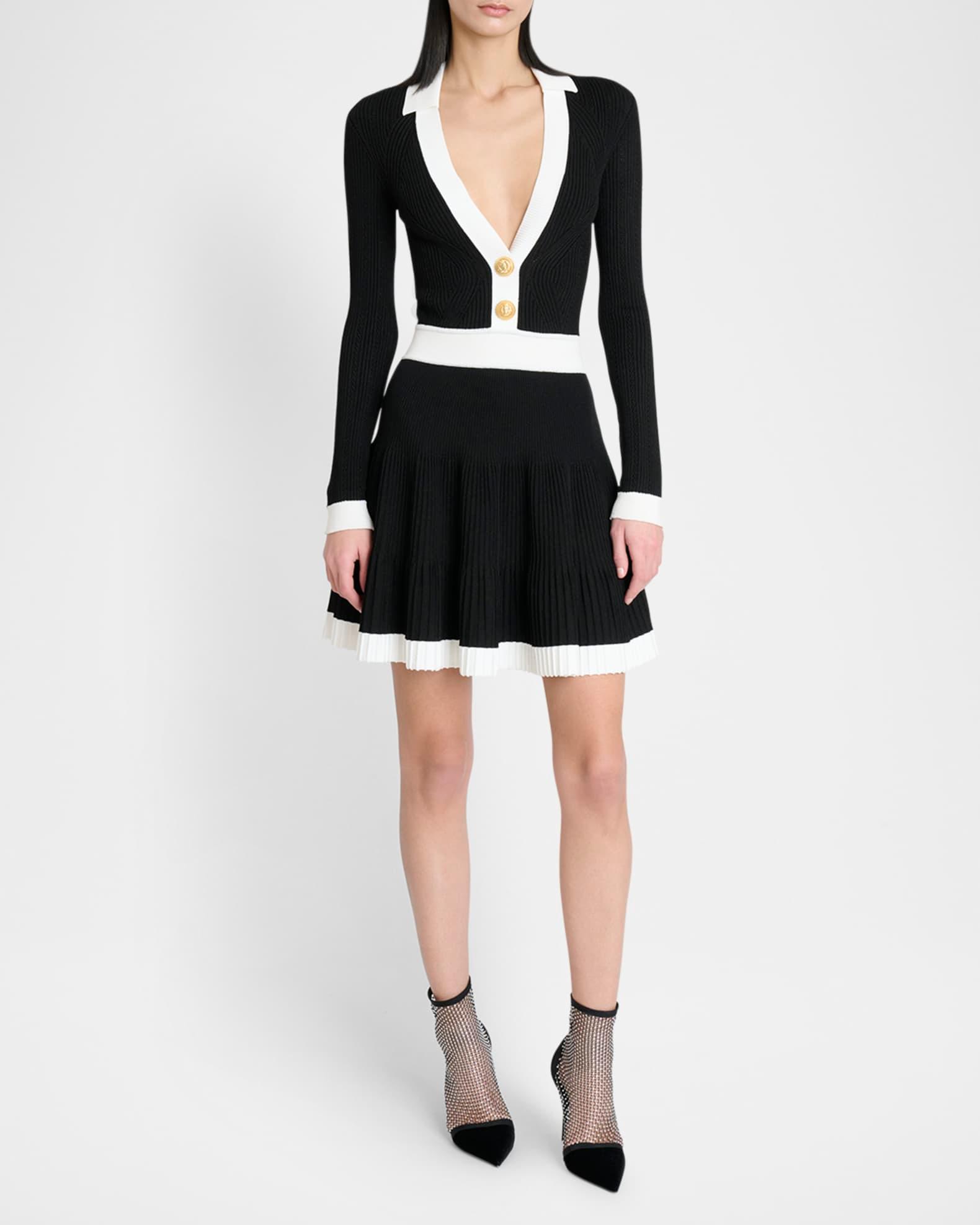 Long-Sleeve V-Neck Flared Knit Dress Product Image