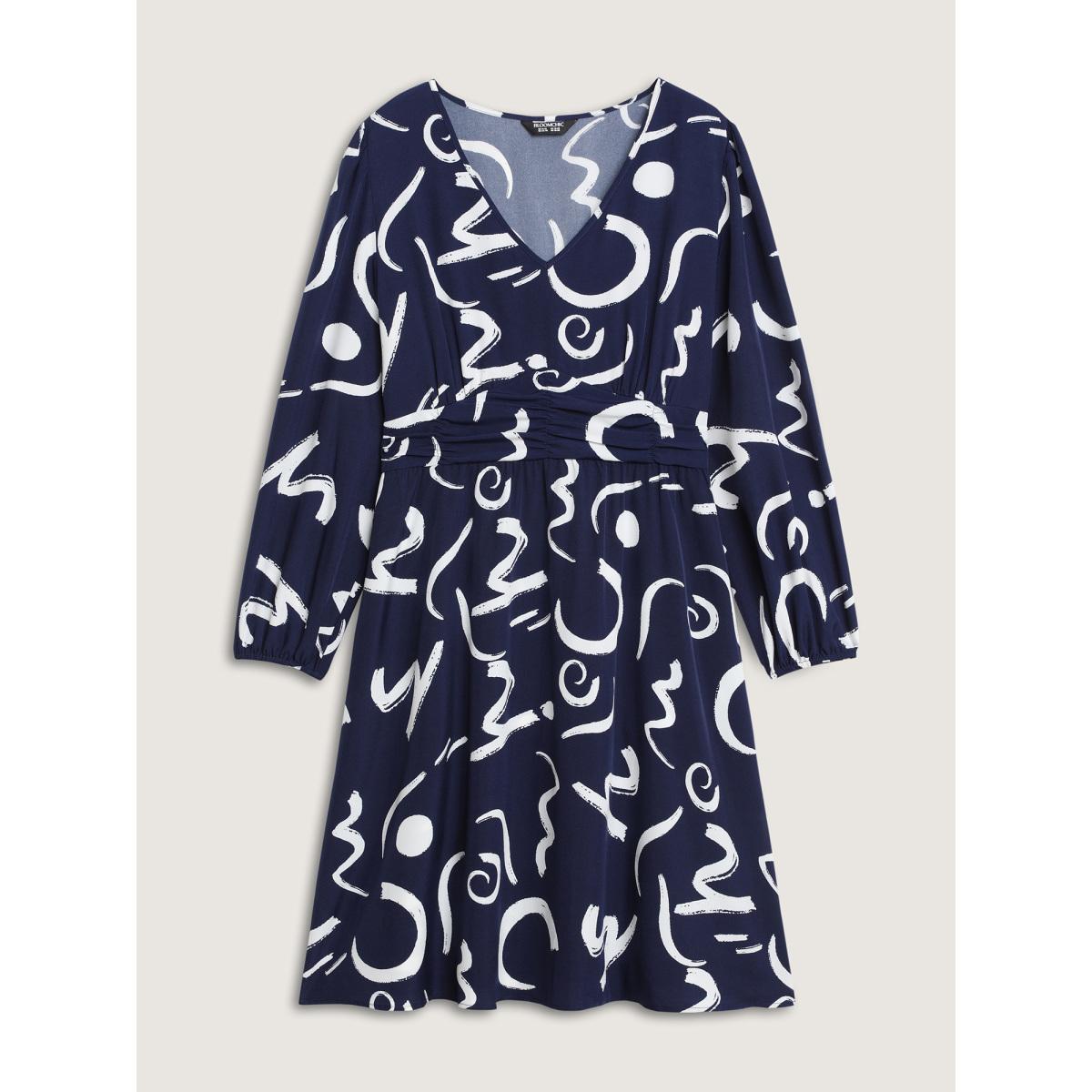 Plus Size Scribble Print Pleated Cinched Waist Midi Dress Indigo Women Office Non V-neck Extra Long Sleeve Curvy BloomChic 10/M Product Image