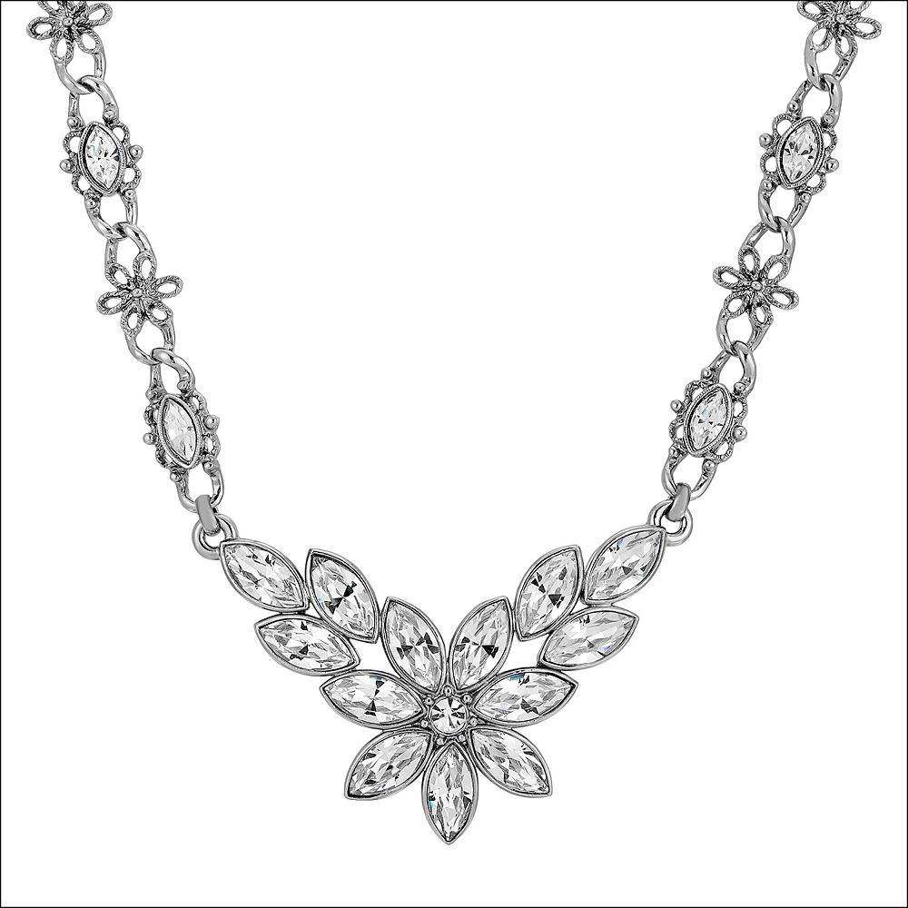 1928 Silver Tone Crystal Flower Statement Necklace, Womens, Clear Product Image