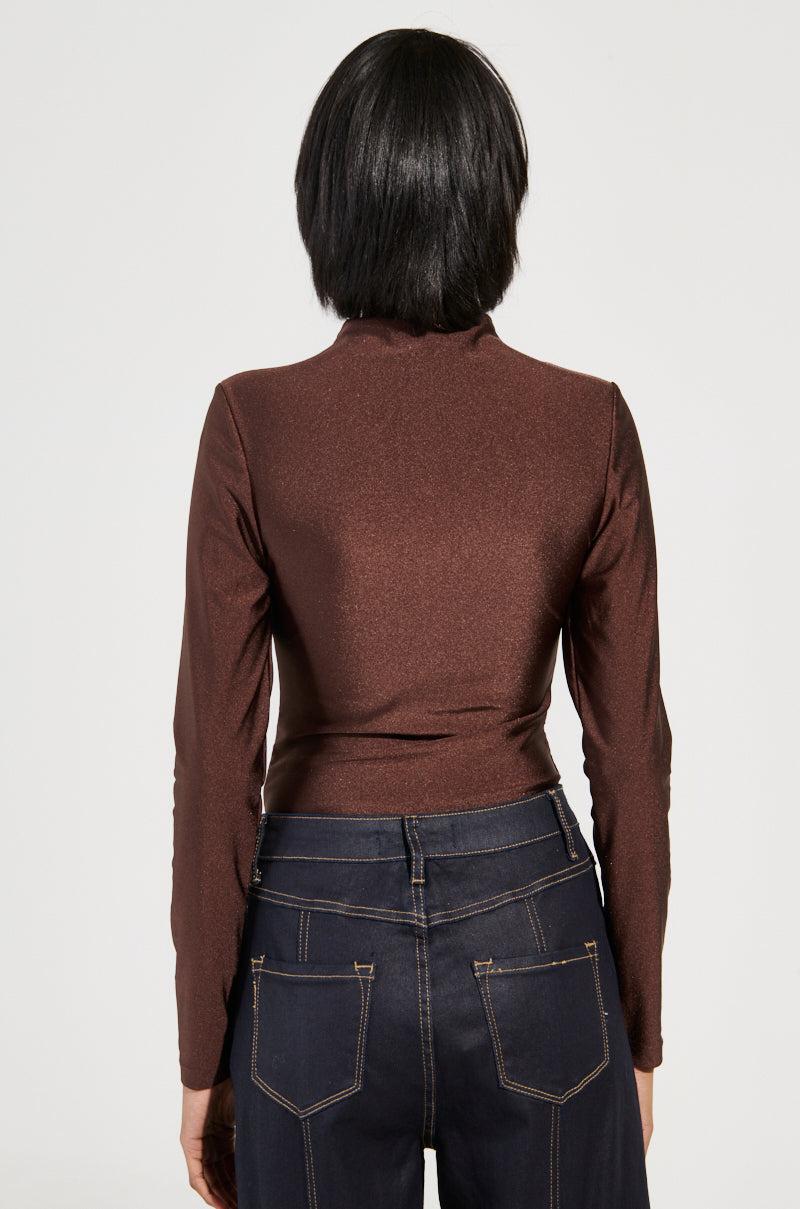PAXTON DISCO LONG SLEEVE MOCK NECK BODYSUIT IN BROWN Product Image