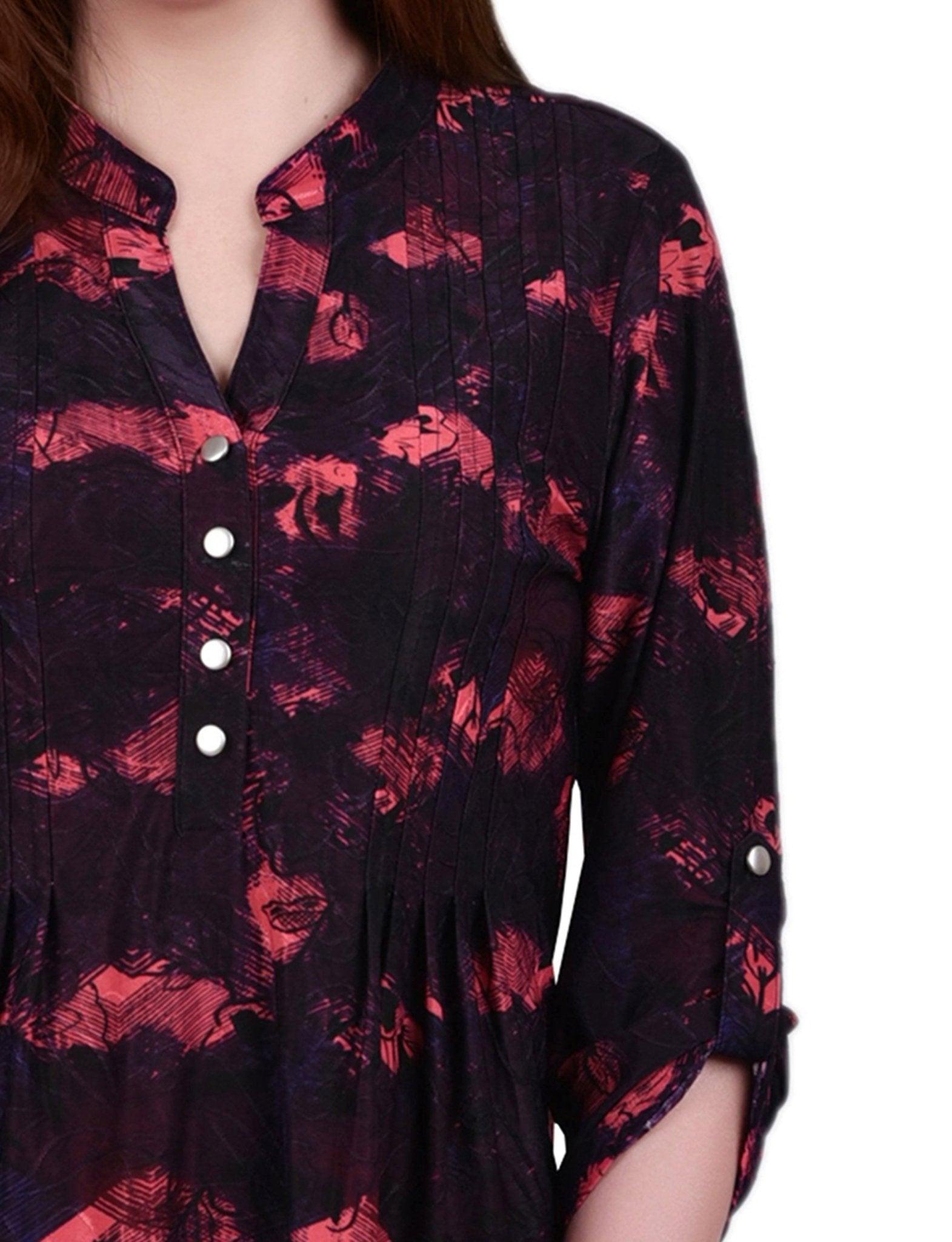 Red Milaflor 3/4 Sleeve Roll Tab Y Neck Top Product Image