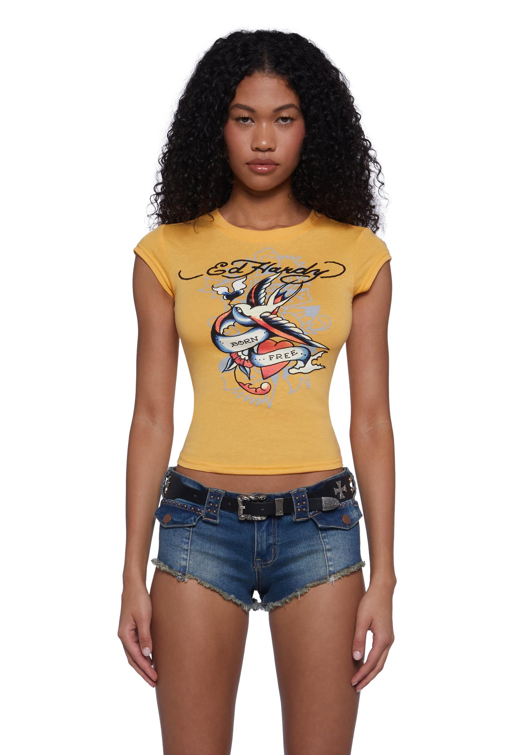 Ed Hardy Swallow Cap Sleeve Tee - Yellow Product Image