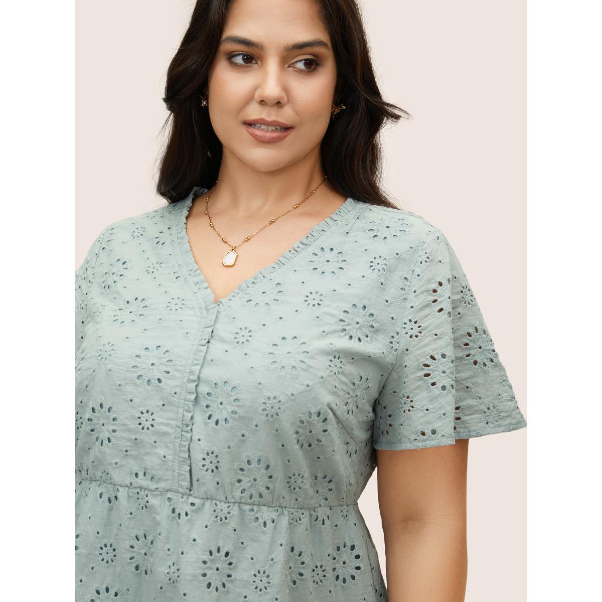 Plus Size Arctic Plain Broderie Anglaise Flutter Sleeve Blouse Women Elegant Short sleeve V-neck Everyday Blouses BloomChic 10/M Product Image